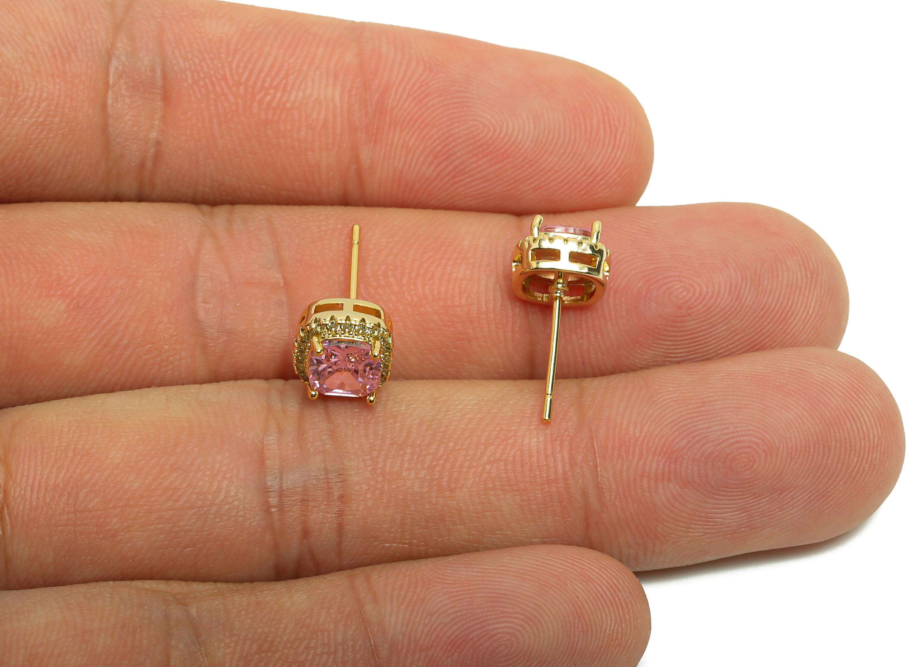 Brass Square Earring Post - Brass Zircon Earring Stud - Rainbow CZ Earring Stud - Gold Jewelry - 18K Real Gold Plating - 17x8x5mm - RGP8398H - DOMEDBAZAAR