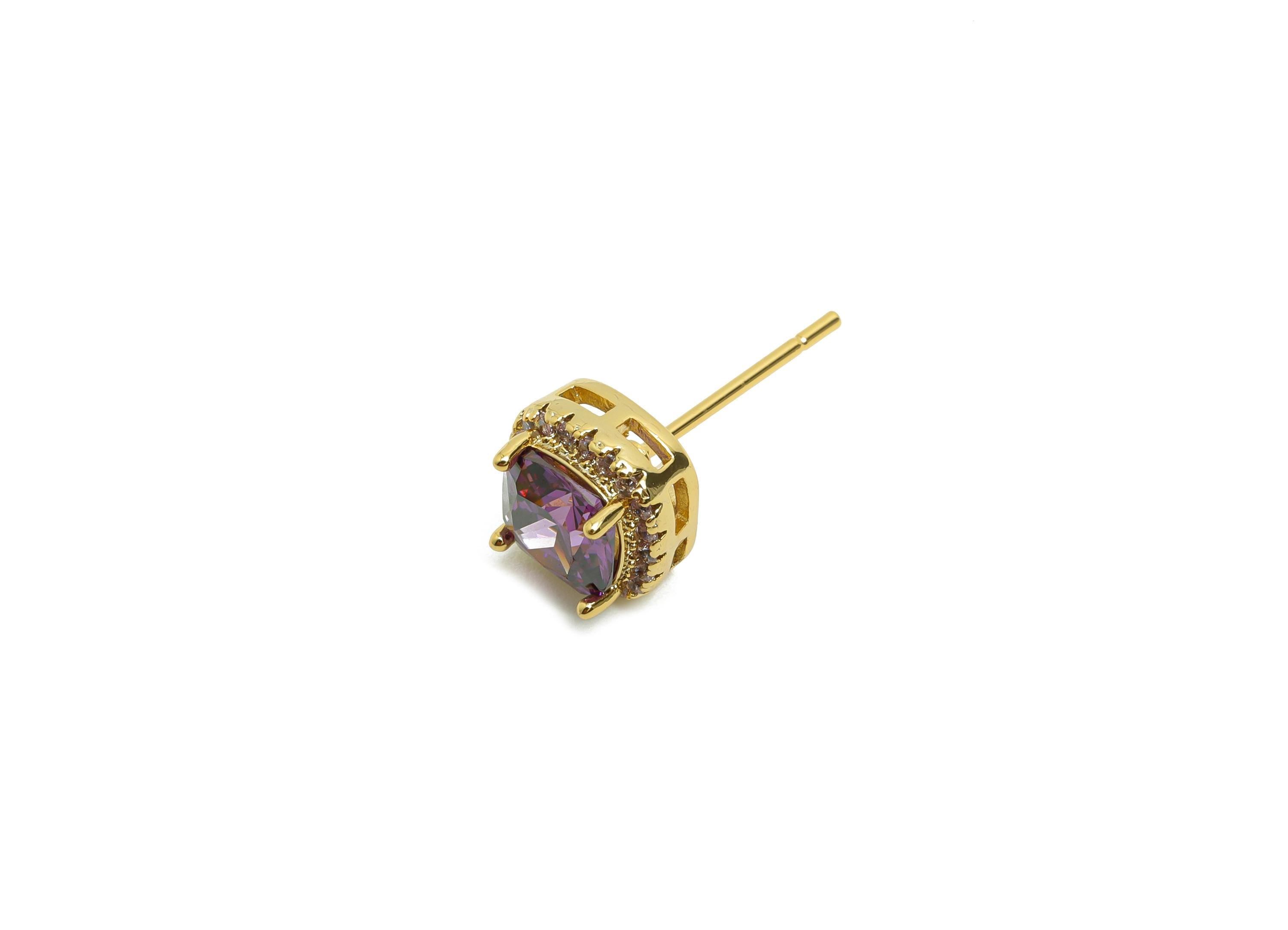Brass Square Earring Post - Brass Zircon Earring Stud - Purple CZ Earring Stud - Gold Jewelry - 18K Real Gold Plating - 17x8x5mm - RGP8398V - DOMEDBAZAAR