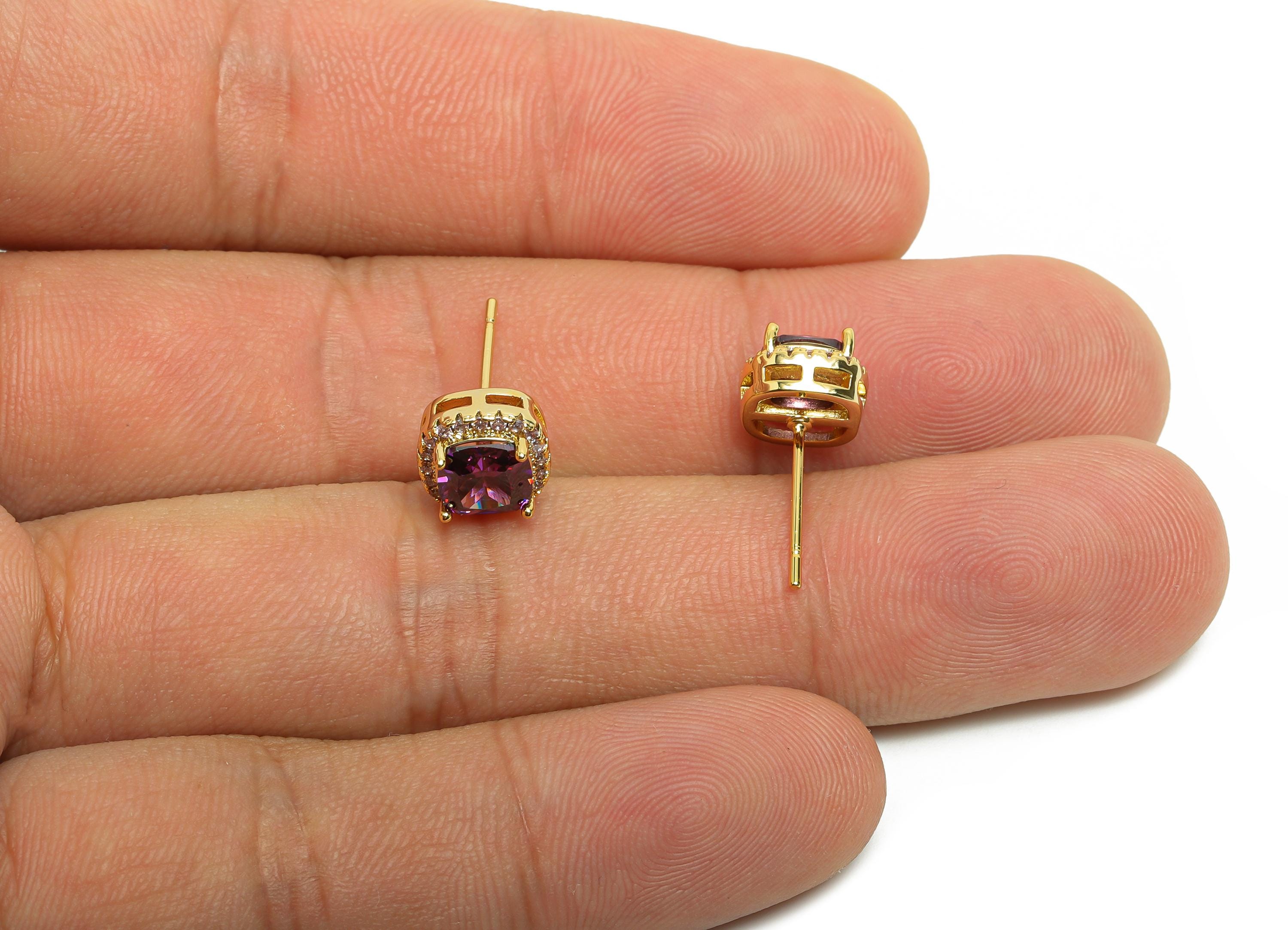 Brass Square Earring Post - Brass Zircon Earring Stud - Purple CZ Earring Stud - Gold Jewelry - 18K Real Gold Plating - 17x8x5mm - RGP8398V - DOMEDBAZAAR