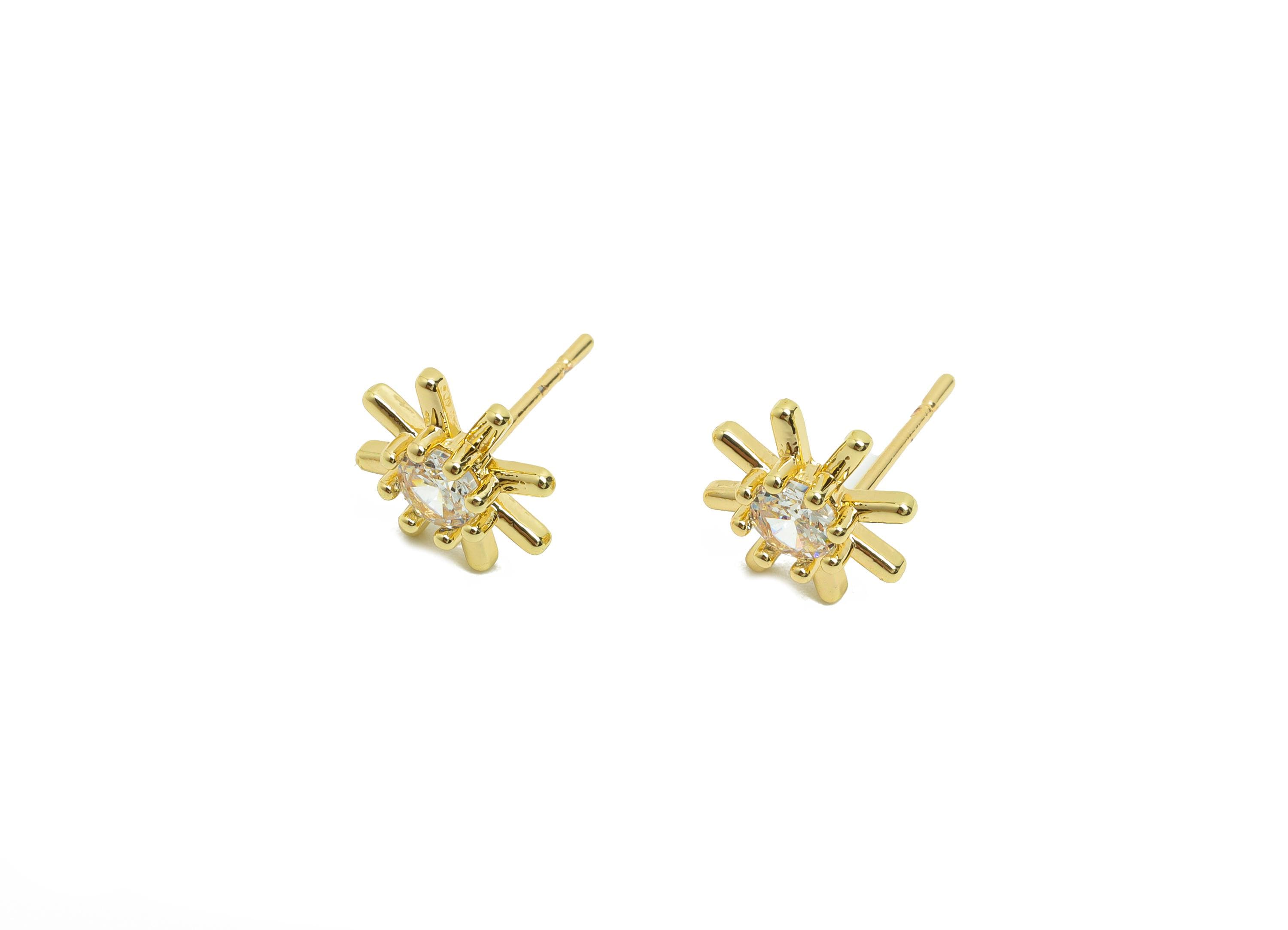 Brass Flower Earring Post - Brass Zircon Earring Stud - Sunshine CZ Earring Stud - Gold Jewelry - 18K Real Gold Plating - 14x9x3mm - RGP8406 - DOMEDBAZAAR
