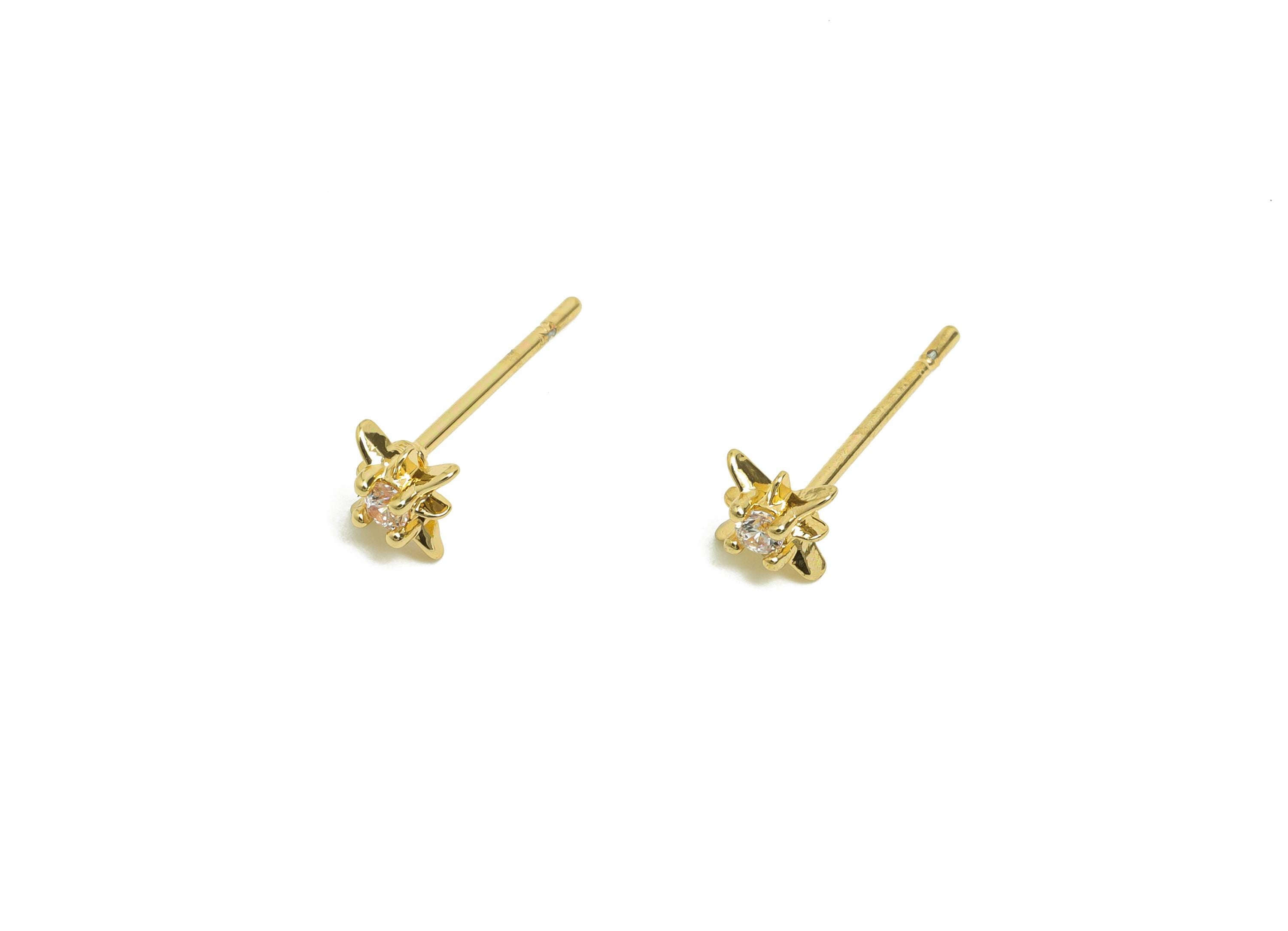 Brass CZ Earring Post - Brass North Star Zircon Earring Stud - Zircon Earring Stud - Gold Jewelry - 18K Real Gold Plating - 14x5x3mm-RGP8408 - DOMEDBAZAAR