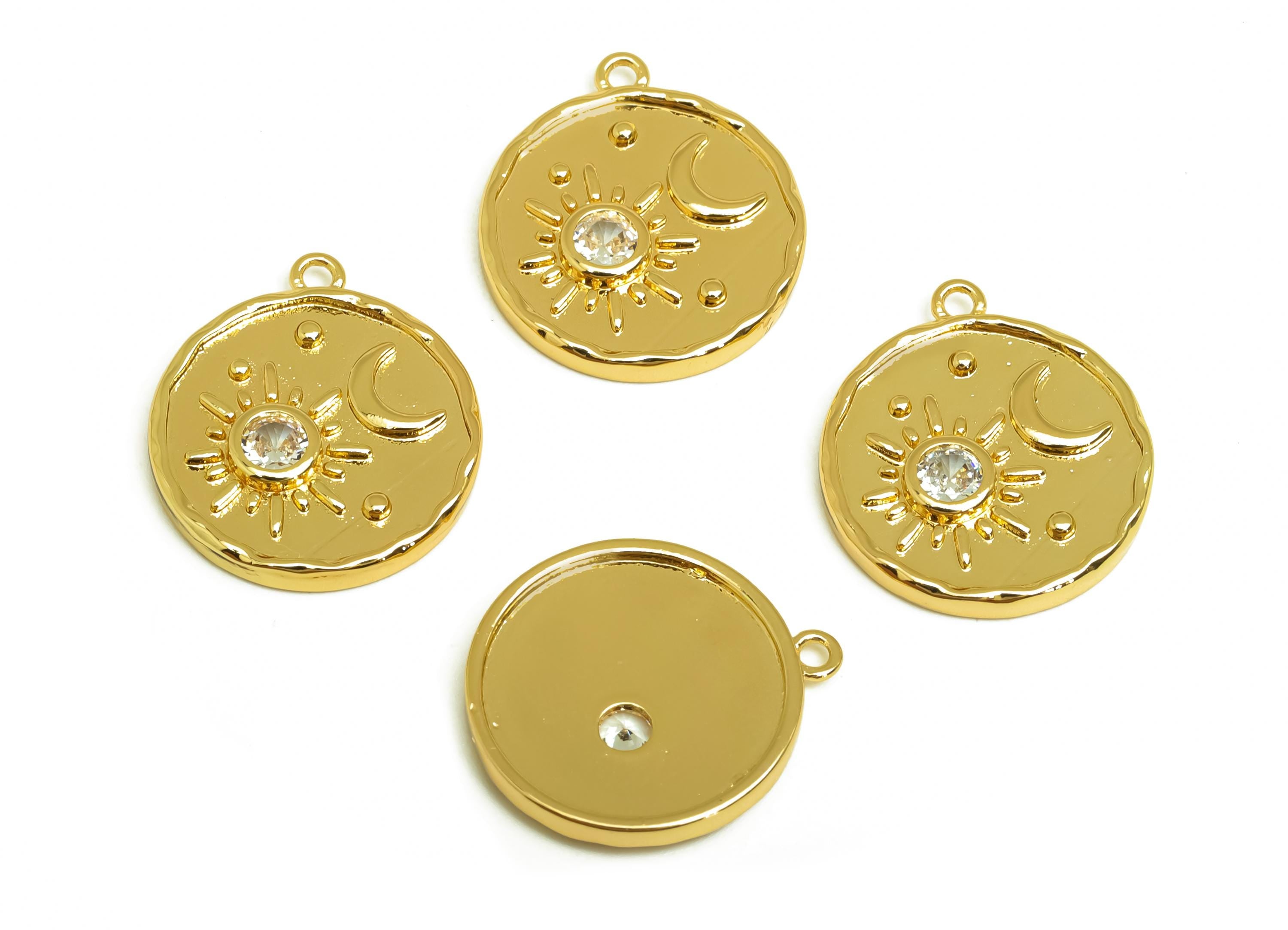 Brass CZ Earring Charms - Brass Cubic Zircon Crescent Pendant - Textured Sunshine Charms - 18K Real Gold Plating - 19.2x17x2mm - RGP8185 - DOMEDBAZAAR