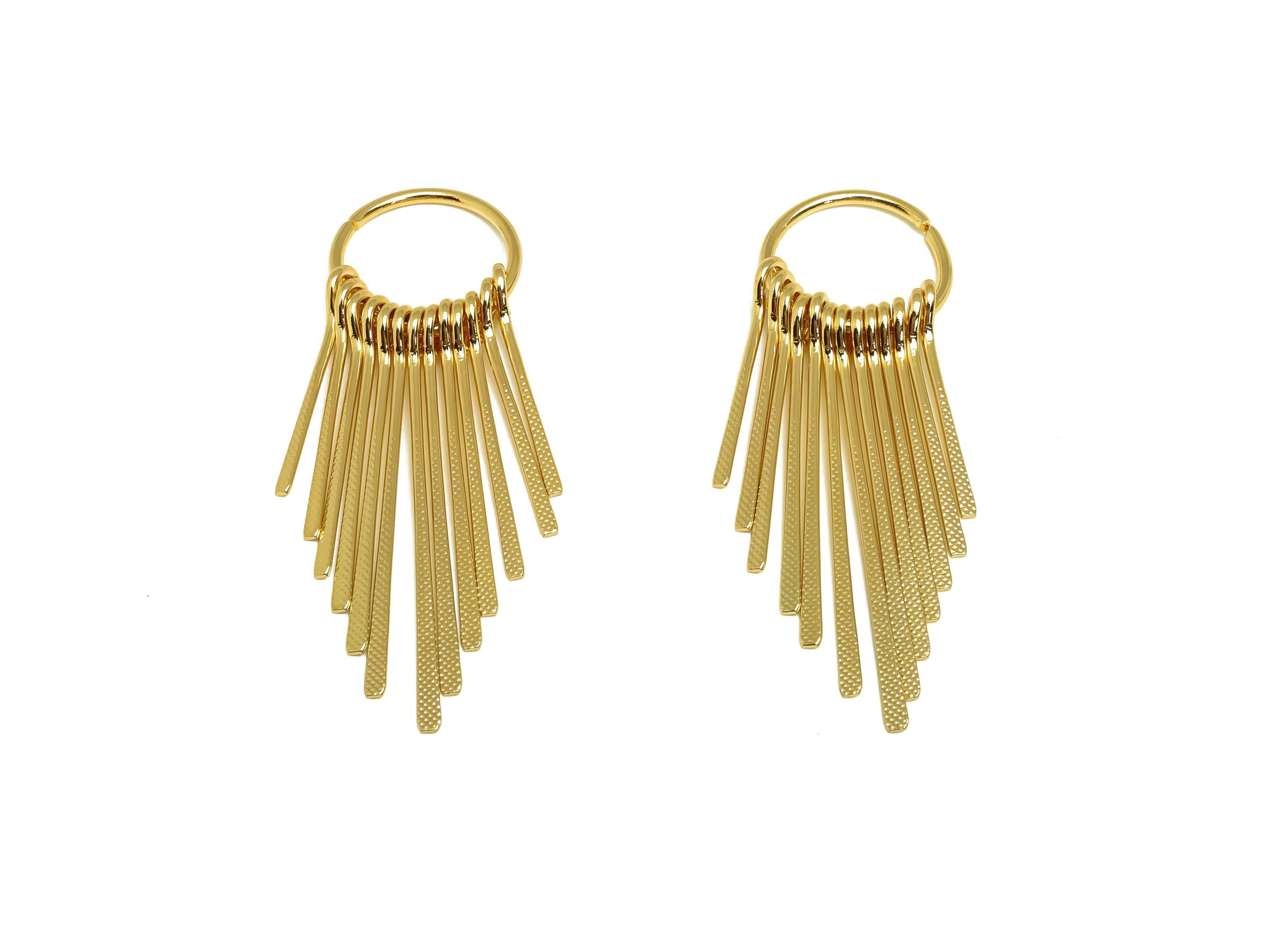 Brass Tassel Earring Charm - Brass Dangle Tassel Wire Earring Charm - Hammered Earring Charm - 18K Real Gold Plated - 63x19.84x1mm - RGP8181 - DOMEDBAZAAR
