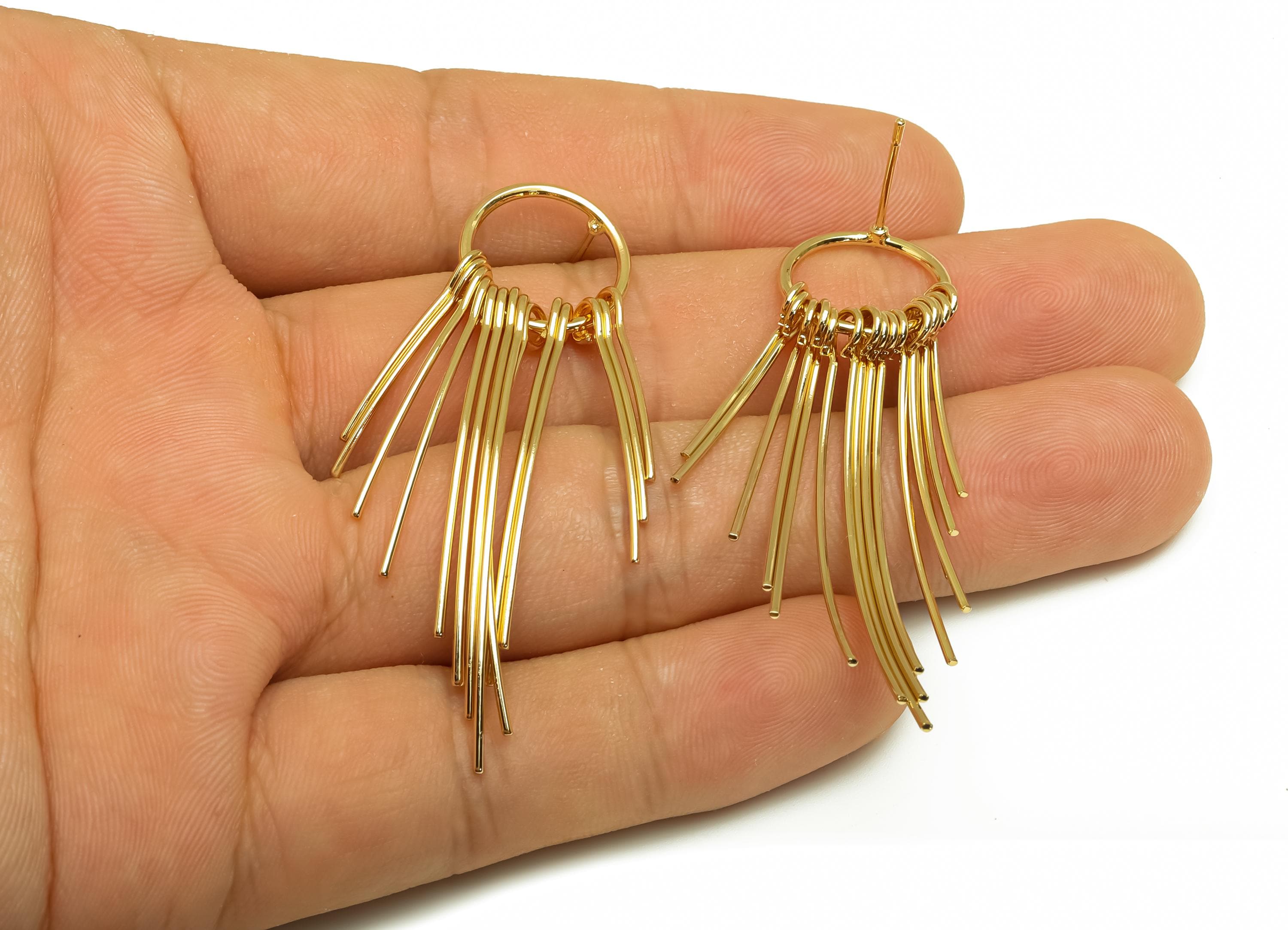 Brass Tassel Earring Stud - Brass Dangle Tassel Wire Earring Post - 13 Bent Tassel Earring Post - 18K Real Gold Plating - 56x14x1mm -RGP8170 - DOMEDBAZAAR