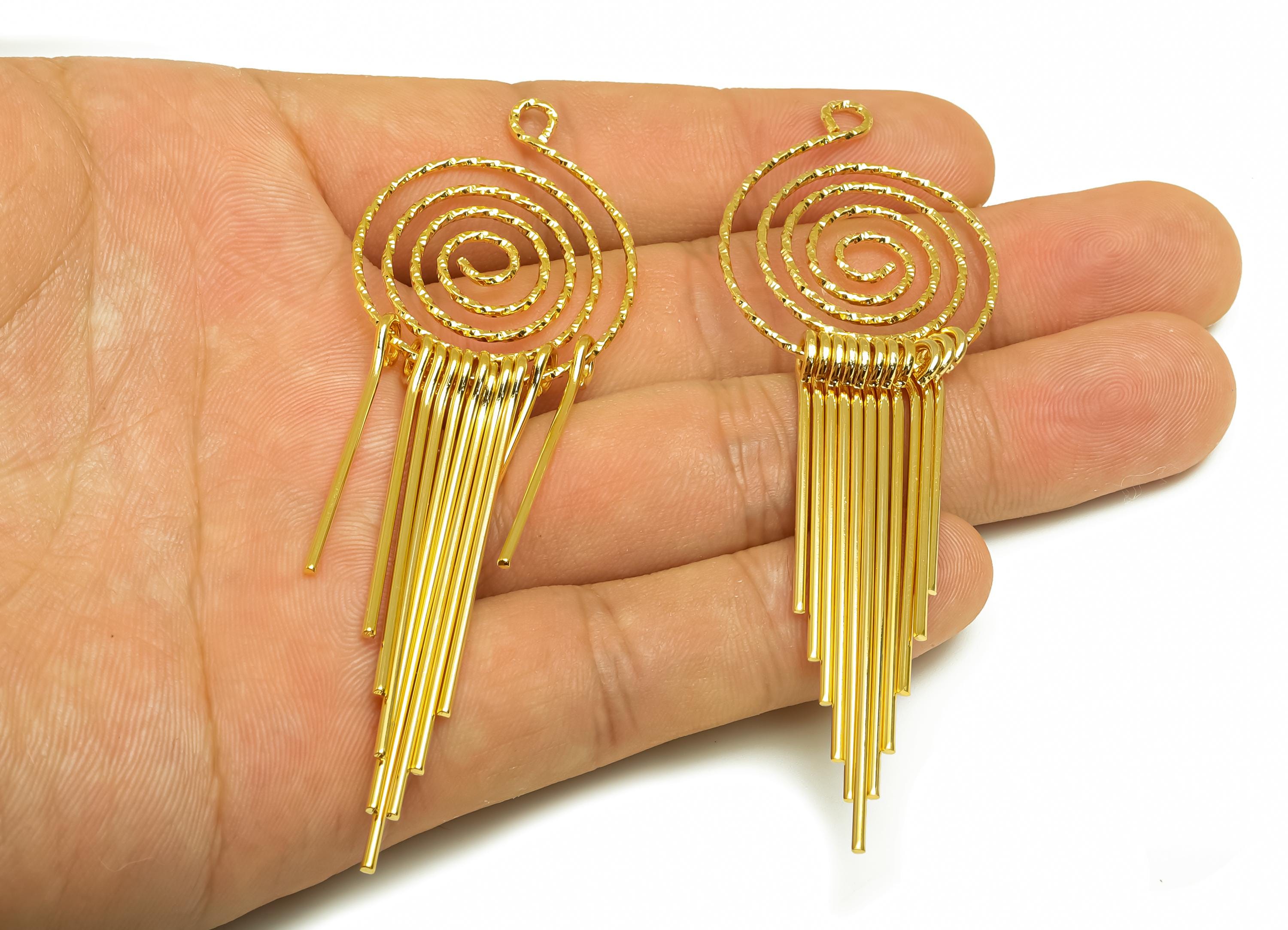 Brass Tassel Earring Charm - Dangle Tassel Earring Charm - Textured Snail 11 Wire Tassel Charm - 18K Real Gold Plating - 85x27x1mm - RGP8180 - DOMEDBAZAAR