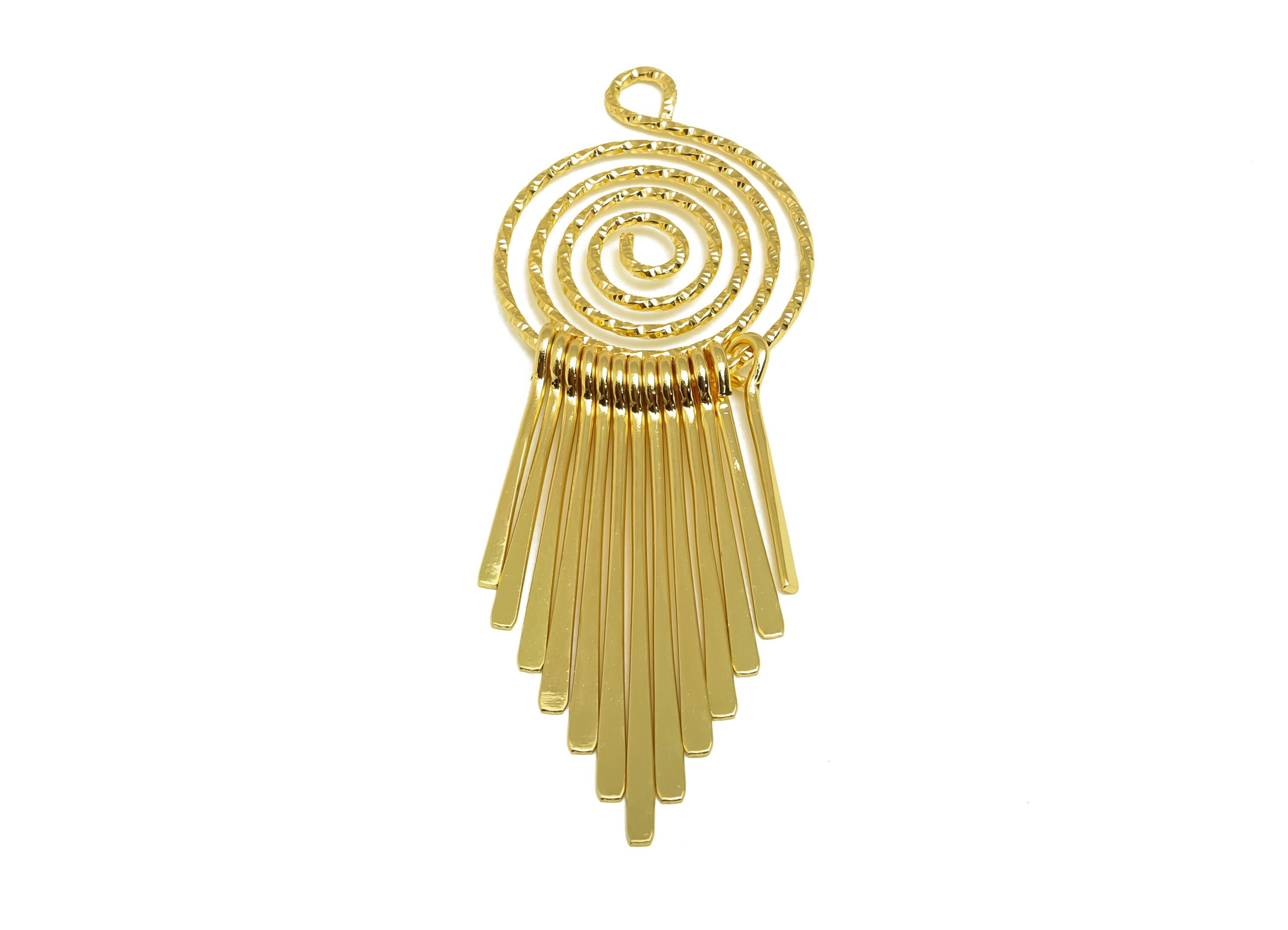 Brass Tassel Earring Charm - Dangle Tassel Earring Charm - Hammered Snail Tassel Charm - 18K Real Gold Plating - 85x27x1.2mm - RGP8175 - DOMEDBAZAAR