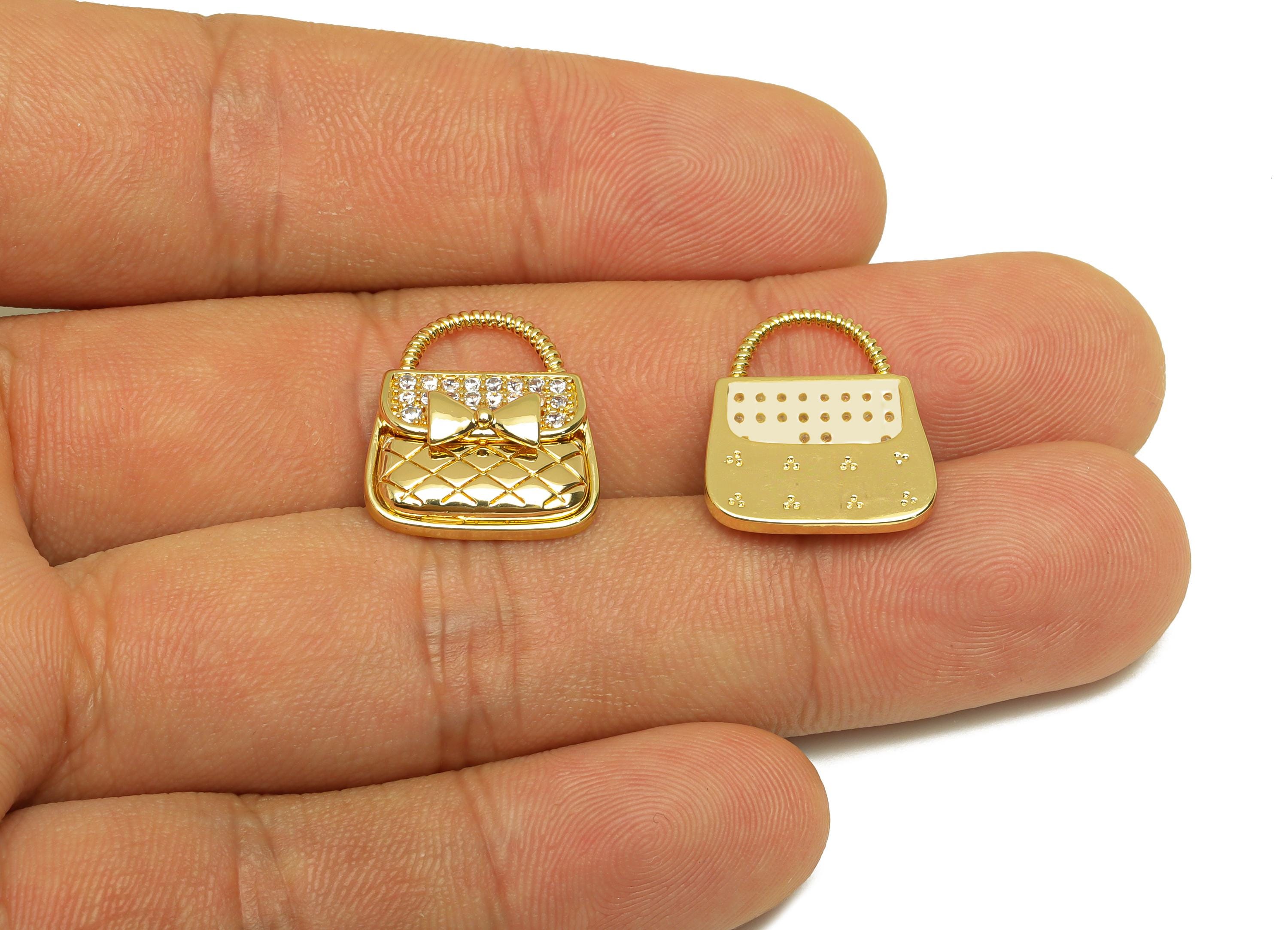 Brass Bag Earring Charms - Gold Cubic Zircon Handbag Pendant - Textured CZ Bag Charms - 18K Real Gold Plating - 15.6x18.6x4.1mm - RGP7688 - DOMEDBAZAAR