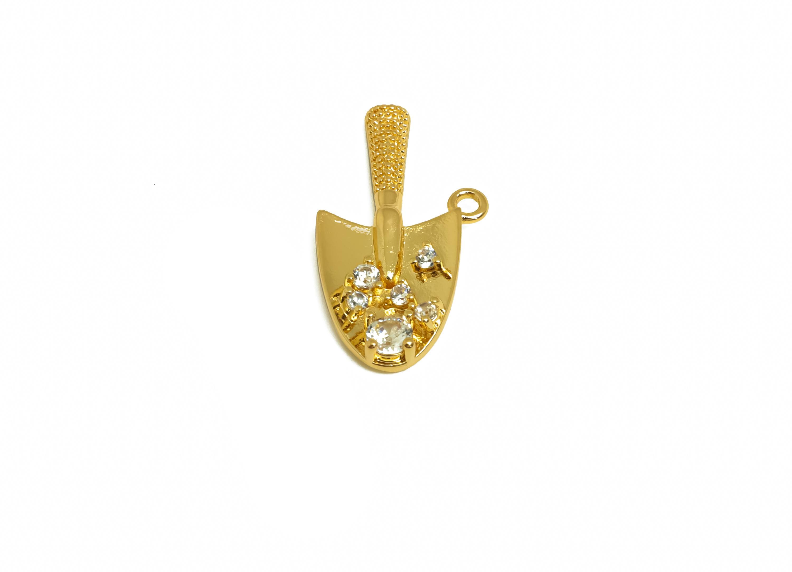 Brass CZ Shovel Earring Charm - Shovel Figure Charm - Cubic Zircon Pendant - Shovel Pendant - 18K Real Gold Plating - 20x10.6x2mm - RGP8184 - DOMEDBAZAAR