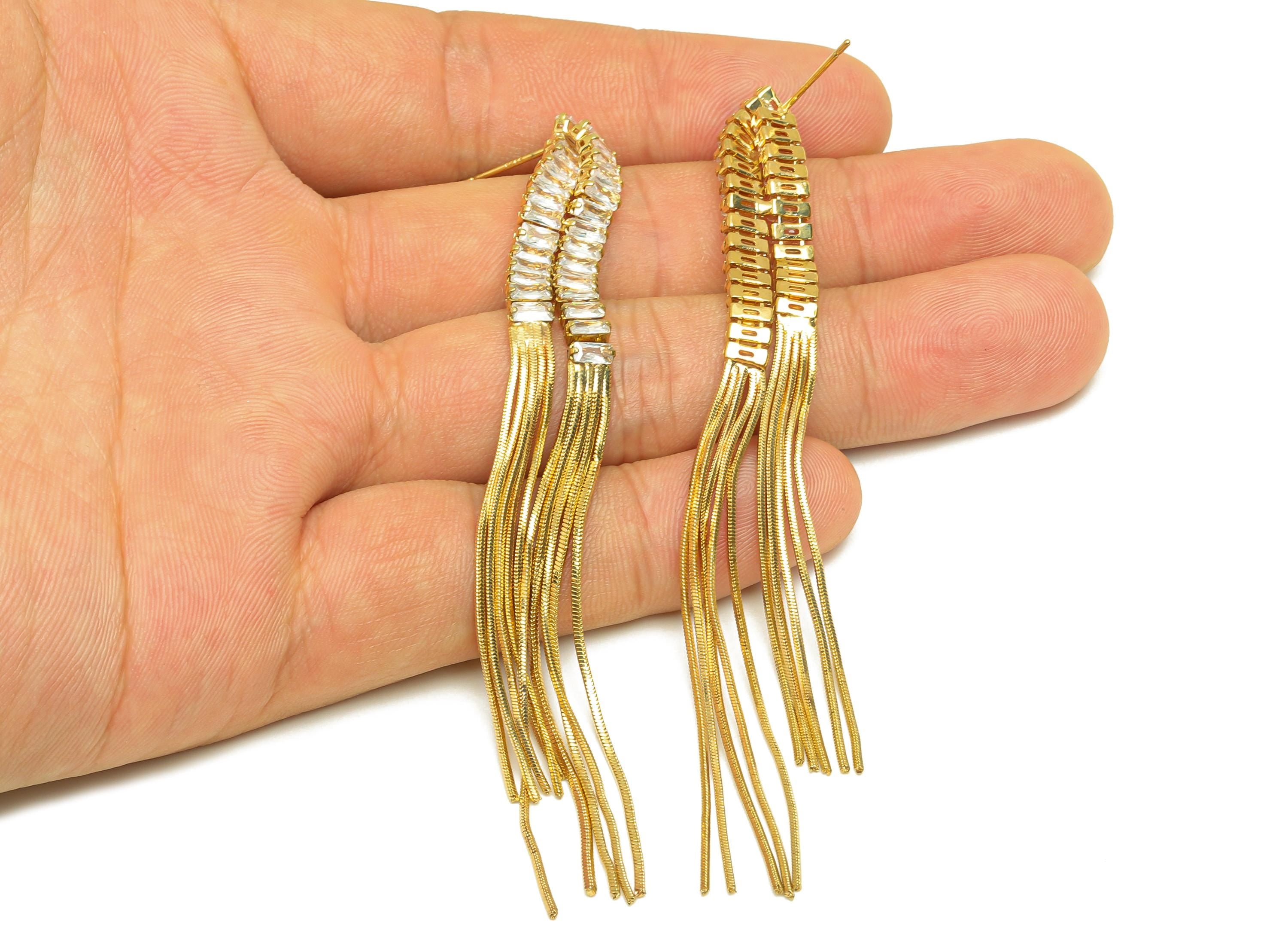 Brass Tassel Chian Ear - Rectangle Zircon Snake Chian Ear Post - Gold Snake Chian Tassel Earring Stud - 18K Real Gold Plated - 95mm -RGP7690 - DOMEDBAZAAR