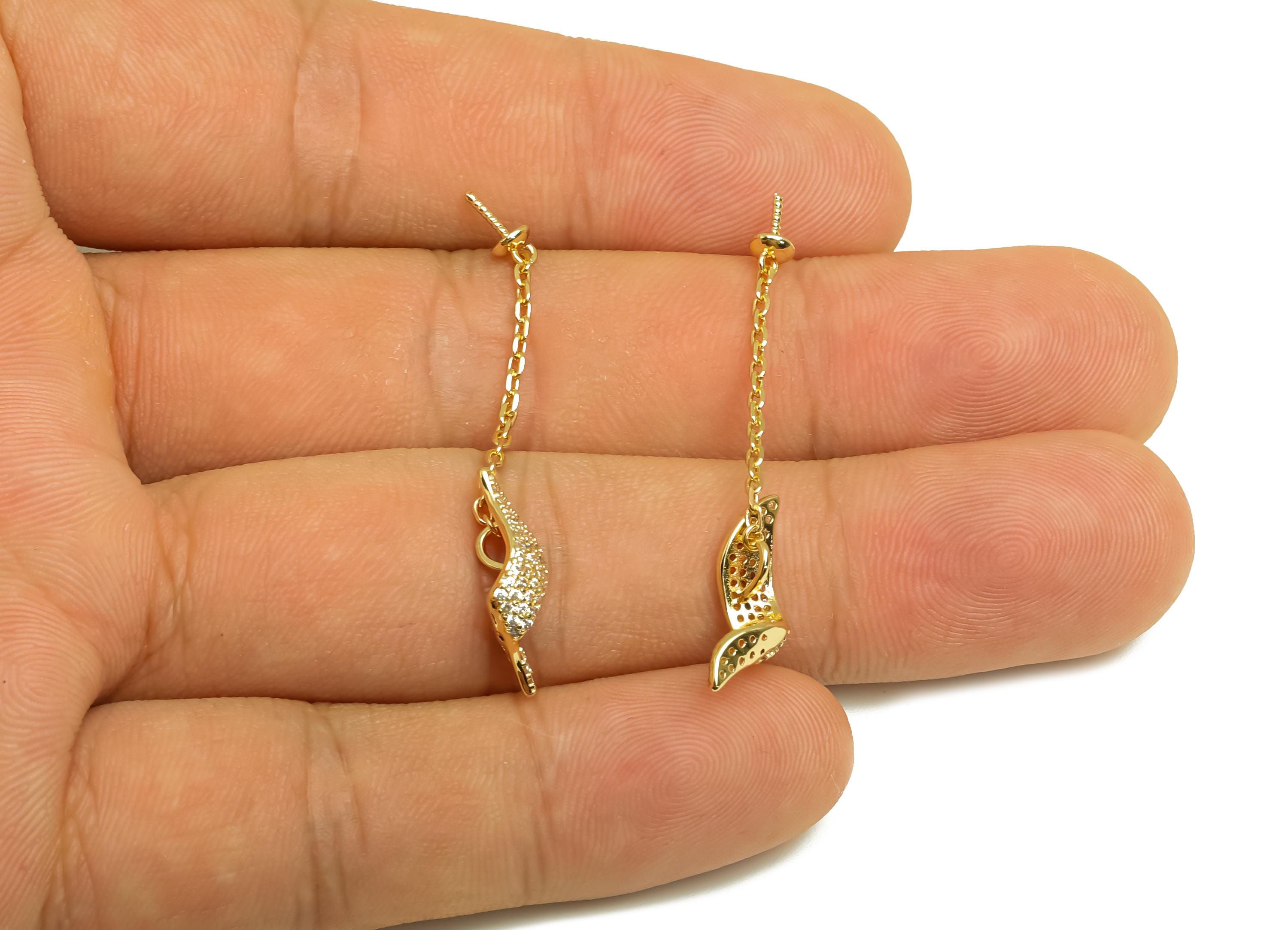 Brass CZ Wavy Earring Wire - Cubic Zircon Twisted Chain Earring - Pearl Setting For Earring - 18K Real Gold Plating - 44x4x4.64mm - RGP8149 - DOMEDBAZAAR