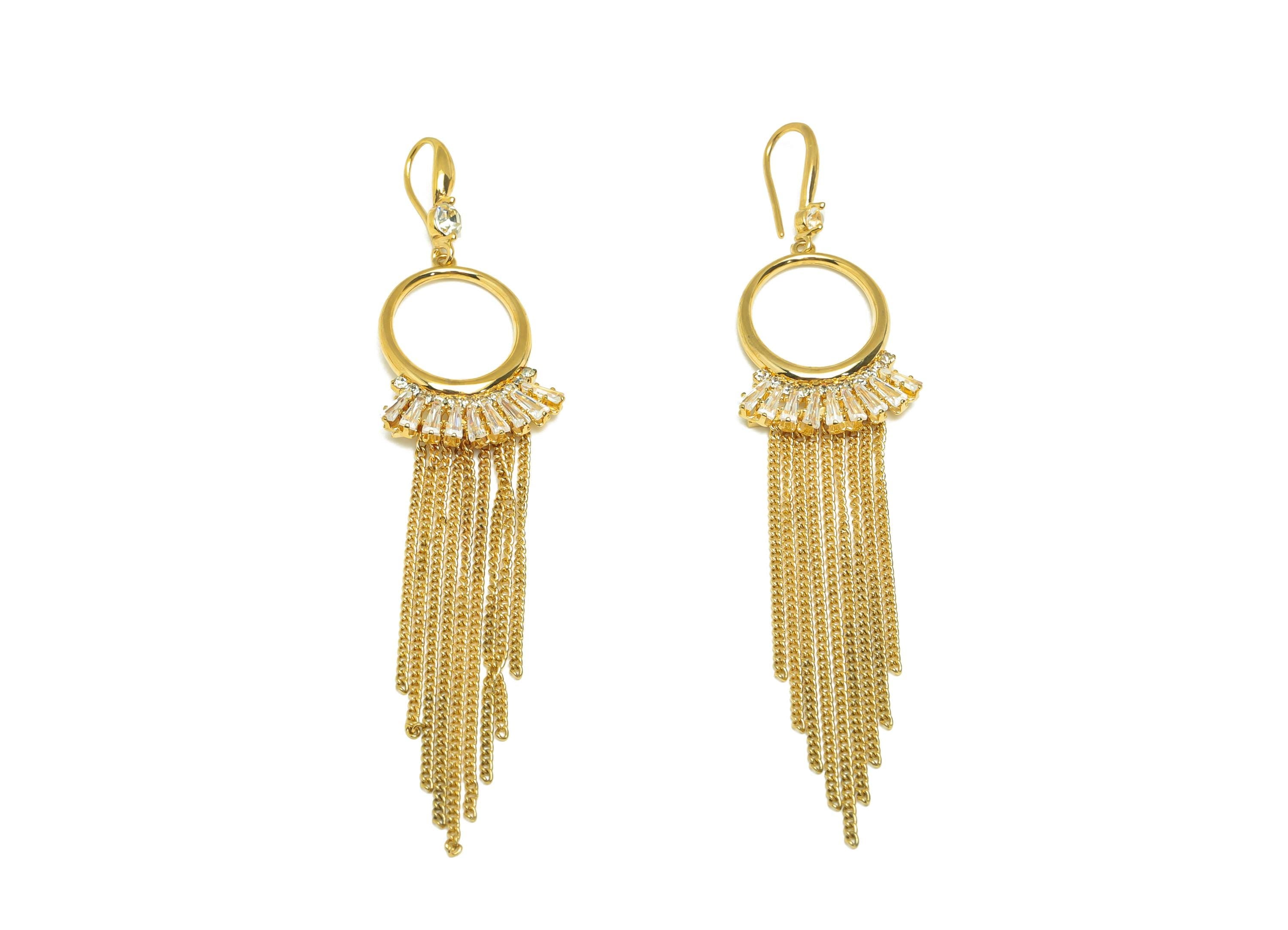Brass CZ Dangle Earring - Cubic Zircon Oval Dangle Tassel Earring Wire - Dangle Zircon Earring Wire - 18K Real Gold Plating - 104mm- RGP7693 - DOMEDBAZAAR