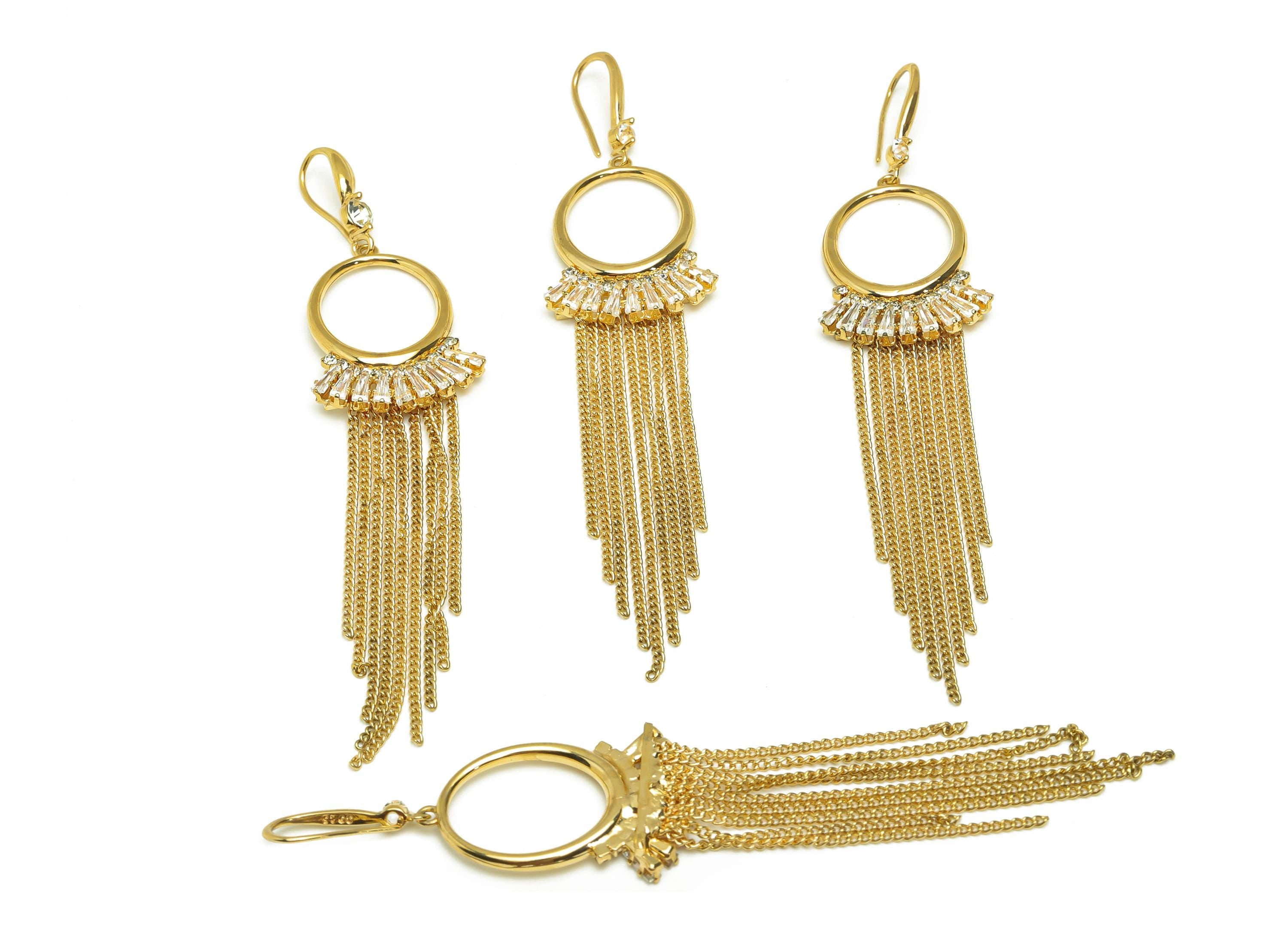 Brass CZ Dangle Earring - Cubic Zircon Oval Dangle Tassel Earring Wire - Dangle Zircon Earring Wire - 18K Real Gold Plating - 104mm- RGP7693 - DOMEDBAZAAR