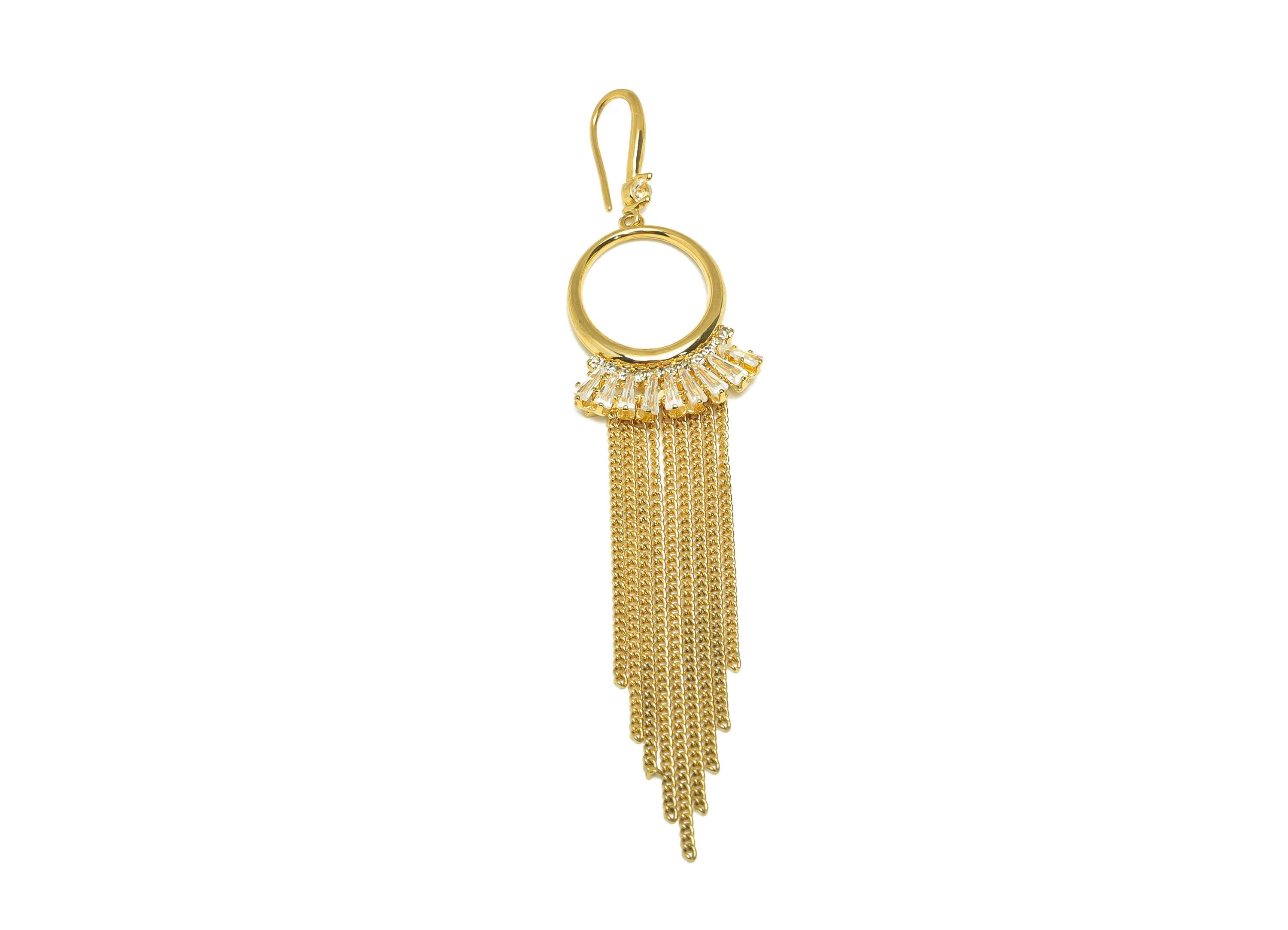 Brass CZ Dangle Earring - Cubic Zircon Oval Dangle Tassel Earring Wire - Dangle Zircon Earring Wire - 18K Real Gold Plating - 104mm- RGP7693 - DOMEDBAZAAR