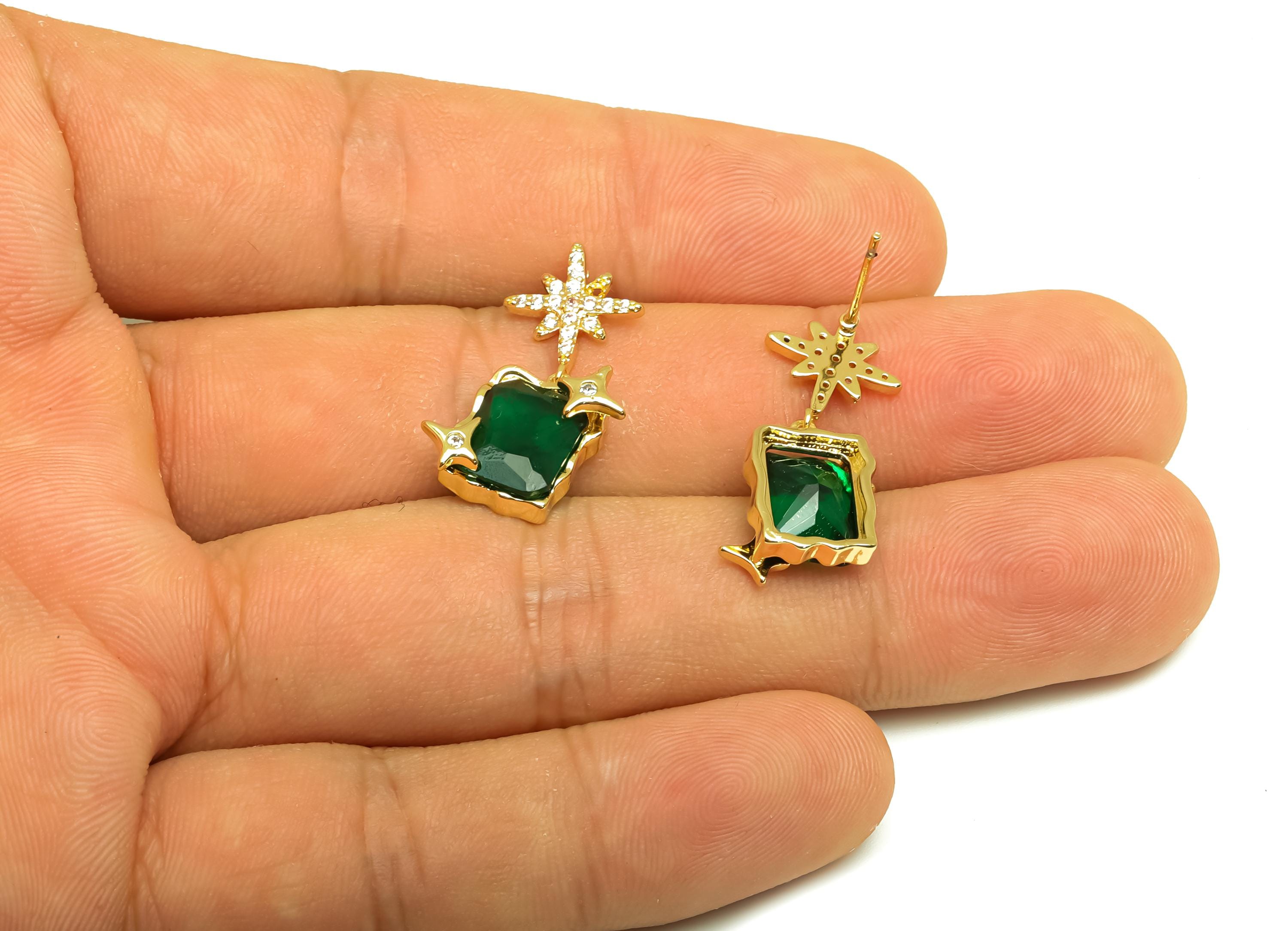 Brass CZ Earring Stud - Brass Dangle Cubic Zircon Earring Post - Star Green CZ Earring Post - 18K Real Gold Plating -25x12x5mm - RGP8152 - DOMEDBAZAAR