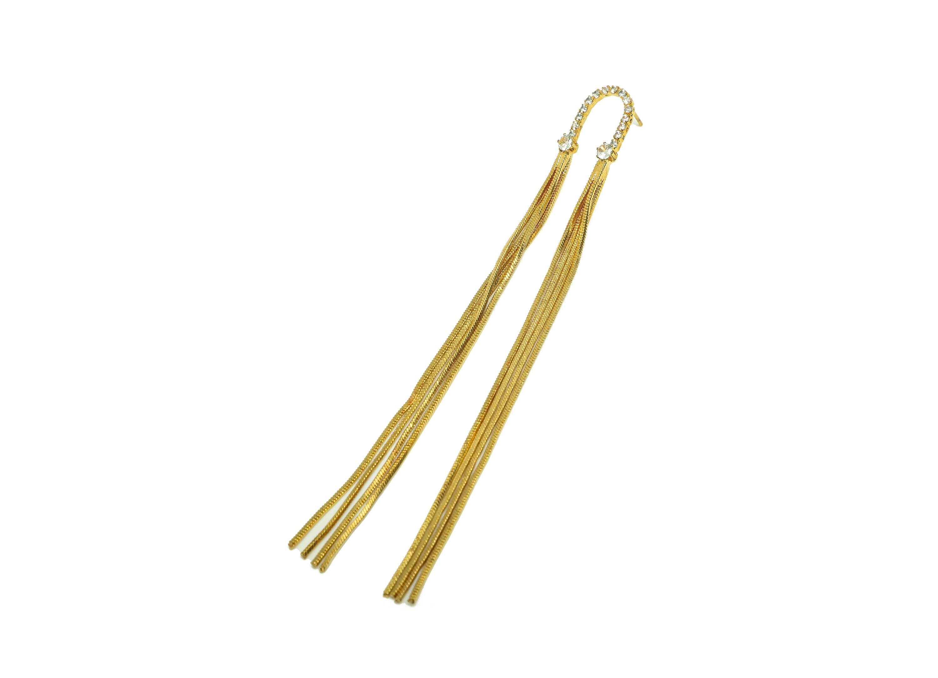 Brass Tassel Chian Ear - Arch Zircon Snake Chian Ear Post - Gold Snake Chian Tassel Earring Stud - 18K Real Gold Plated - 107mm - RGP7694 - DOMEDBAZAAR