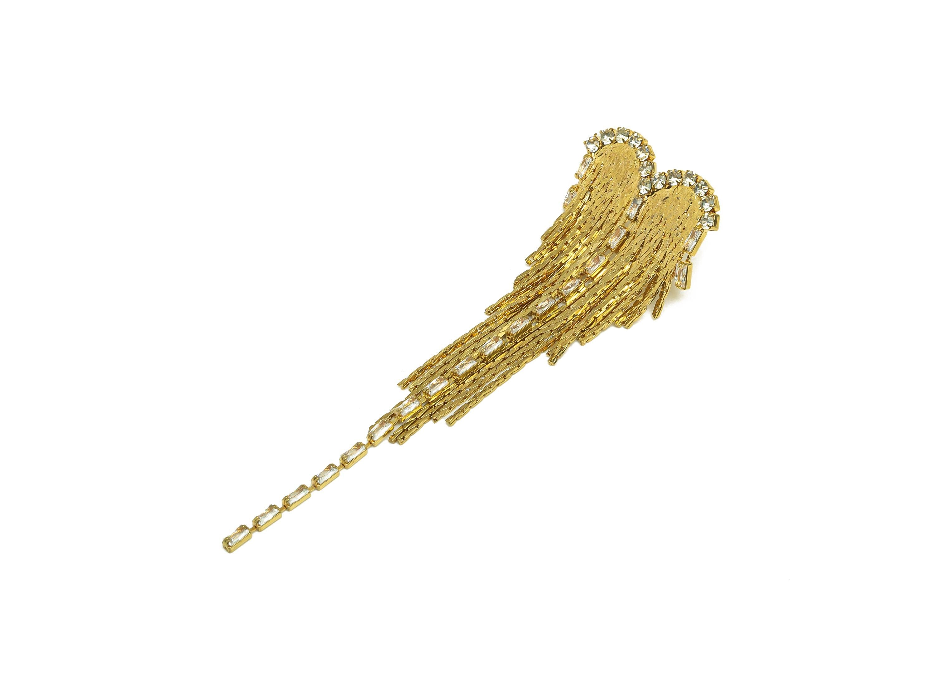 Brass Wings Tassel Earring - Heart Zircon Snake Chian Ear Post - Gold Wings Chian Tassel Earring Stud - 18K Real Gold Plated - 77mm -RGP7695 - DOMEDBAZAAR