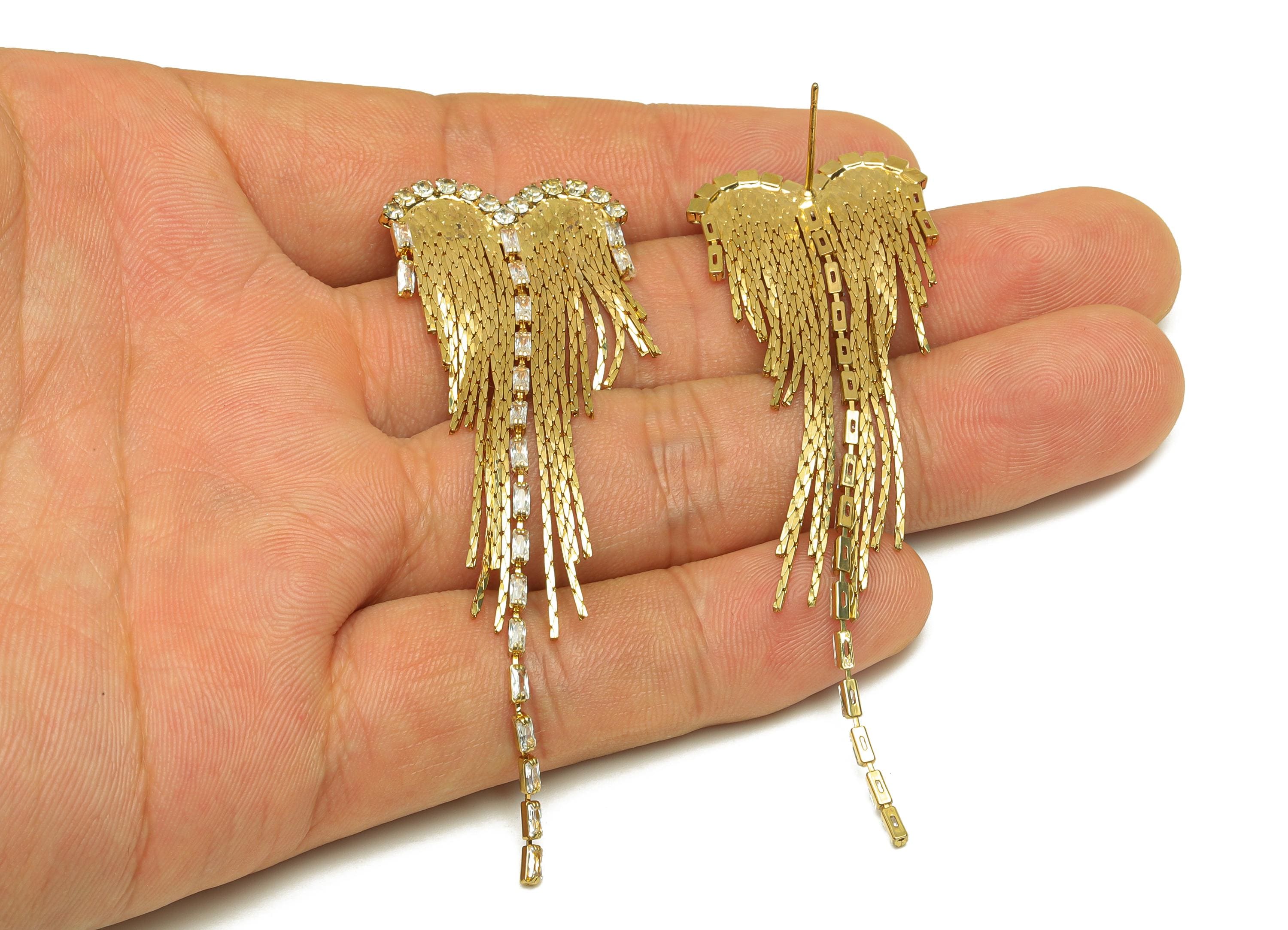 Brass Wings Tassel Earring - Heart Zircon Snake Chian Ear Post - Gold Wings Chian Tassel Earring Stud - 18K Real Gold Plated - 77mm -RGP7695 - DOMEDBAZAAR
