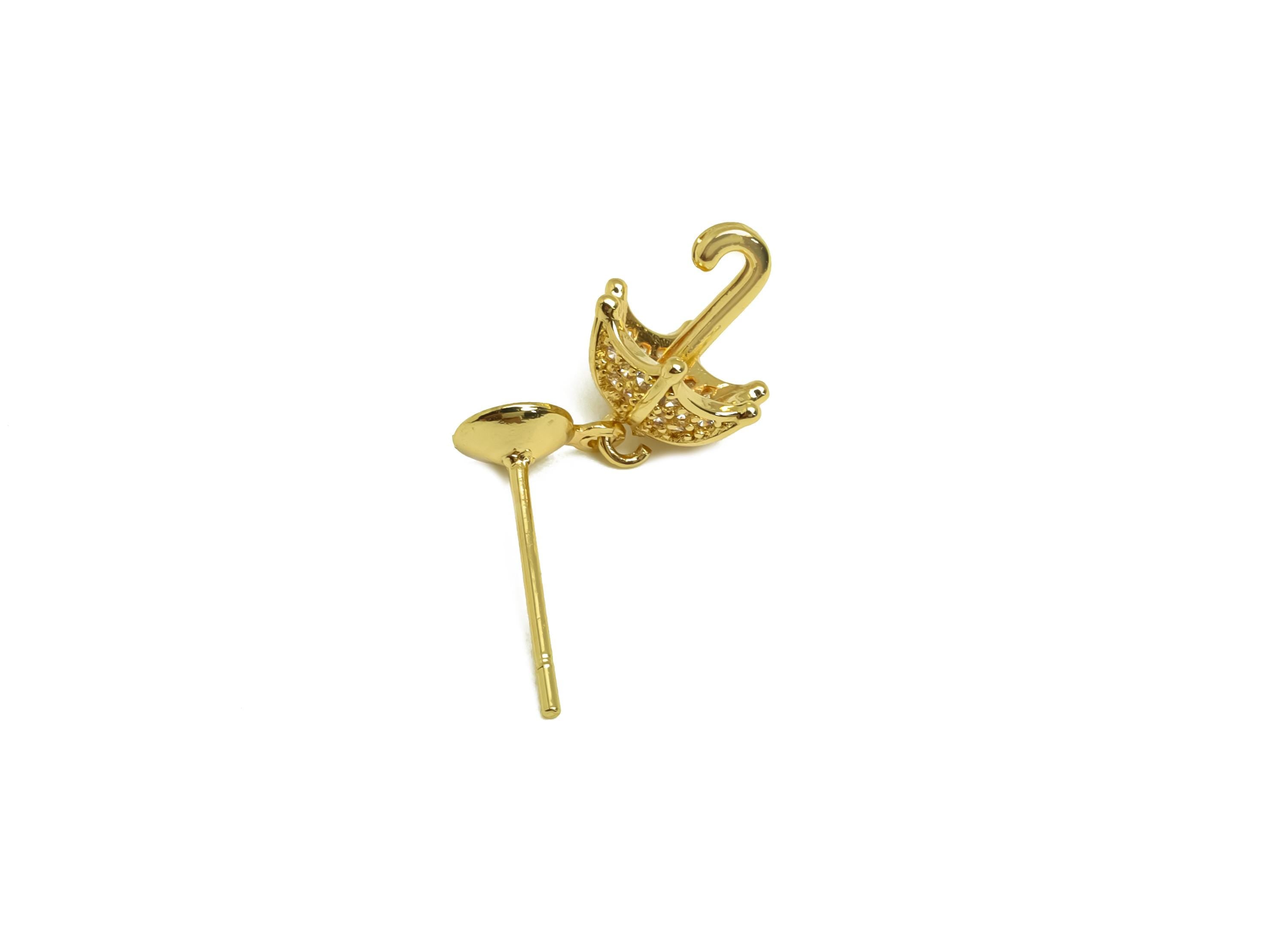 Brass CZ Earring Stud - Brass Umbrella Cubic Zircon Earring Post - Earring For Pearl Setting - 18K Real Gold Plating - 42x8.03x8mm - RGP8151 - DOMEDBAZAAR