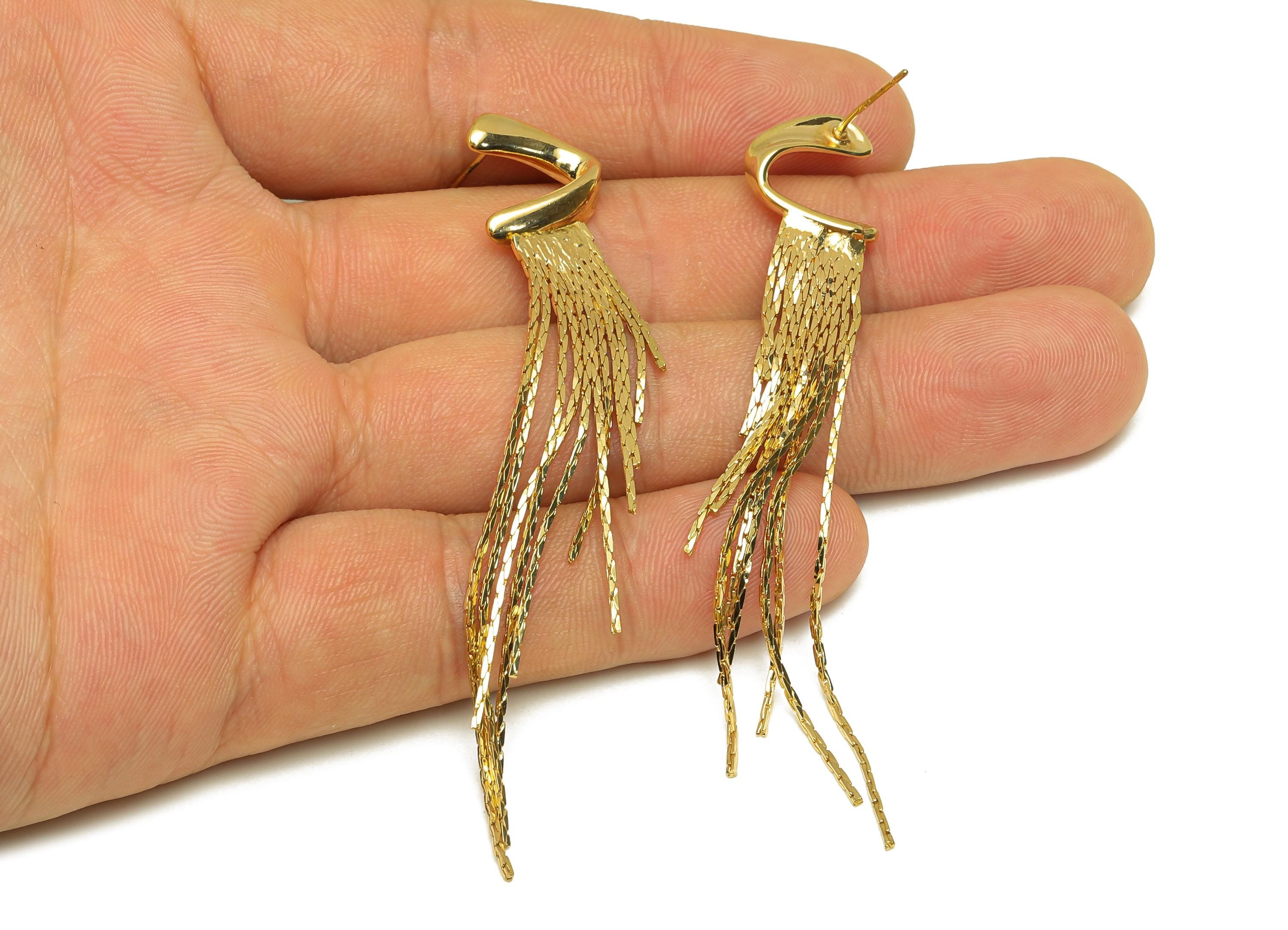Brass Snake Chain Earring - Gold C Wave Tassel Earring Stud - Twisted Wave Snake Chain Earring Post - 18K Real Gold Plating - 85mm - RGP7698 - DOMEDBAZAAR