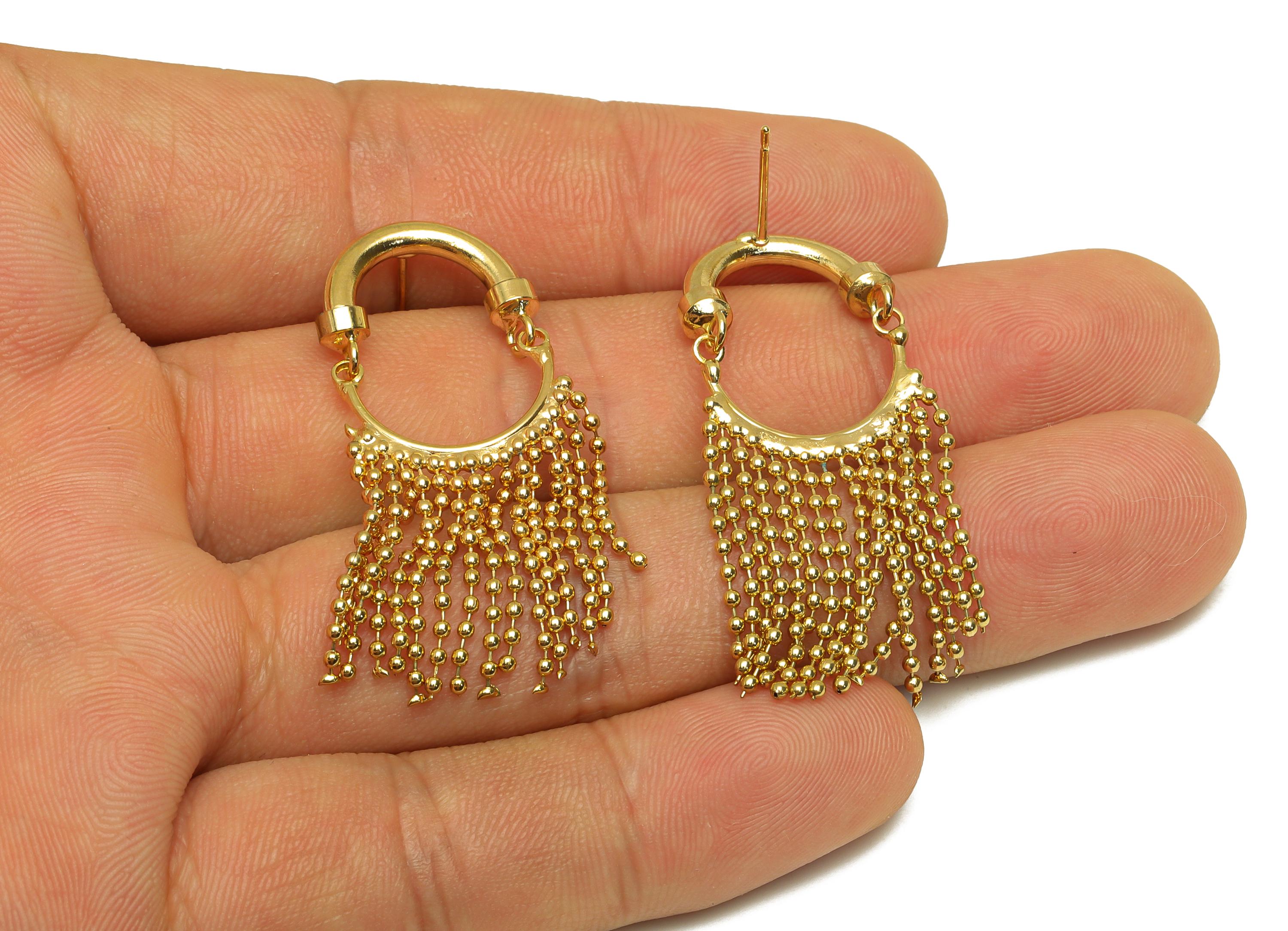 Brass Beads Chain Ear - Gold Semicircle Chain Tassel Earring Stud - Beads Chain Dangle Earring Post - 18K Real Gold Plating - 45mm - RGP7701 - DOMEDBAZAAR