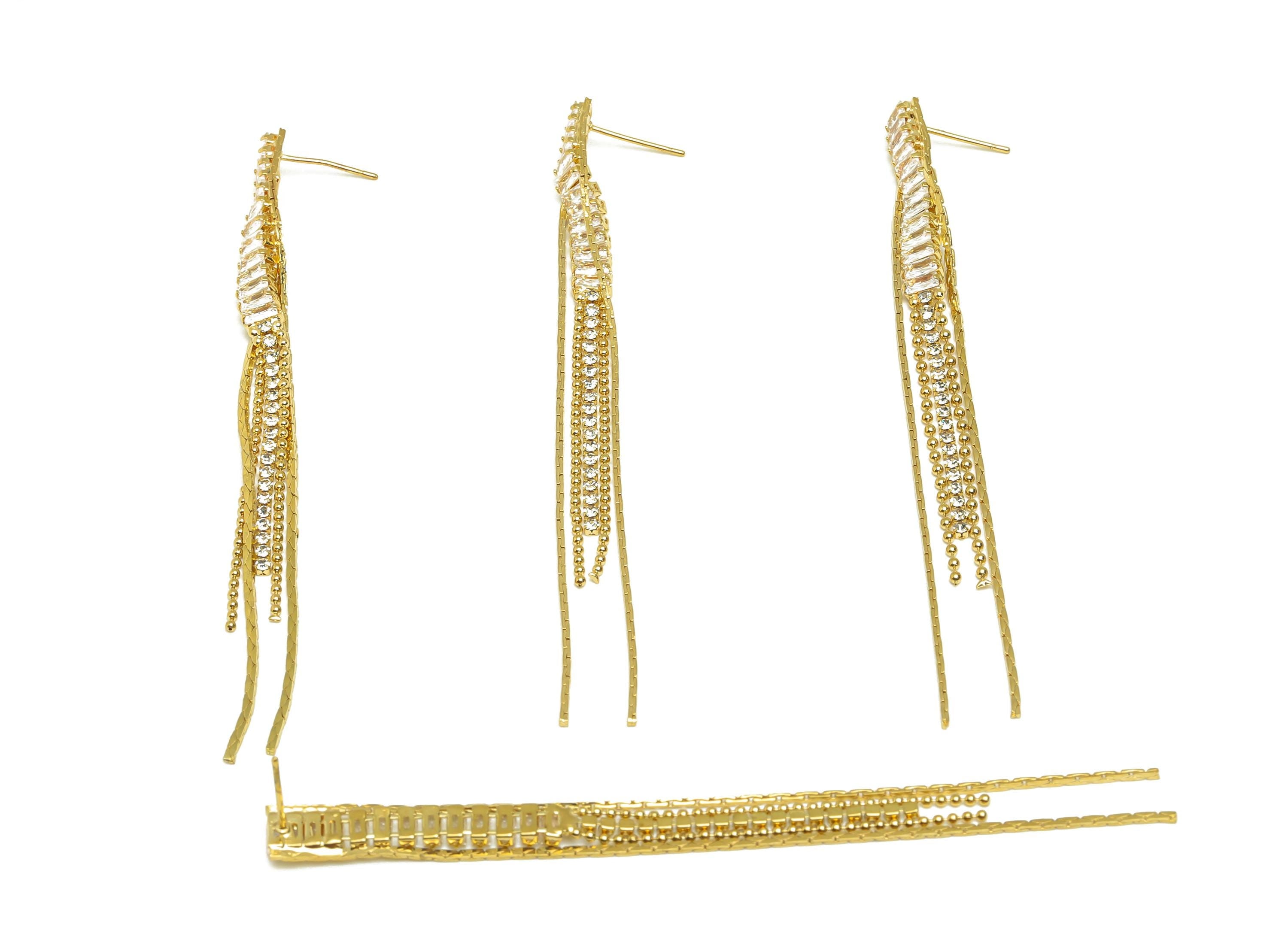 Brass Tassel Chian Ear - Rectangle Zircon Snake Chian Ear Post - Gold Snake Chian Tassel Earring Stud - 18K Real Gold Plated - 93mm -RGP7703 - DOMEDBAZAAR