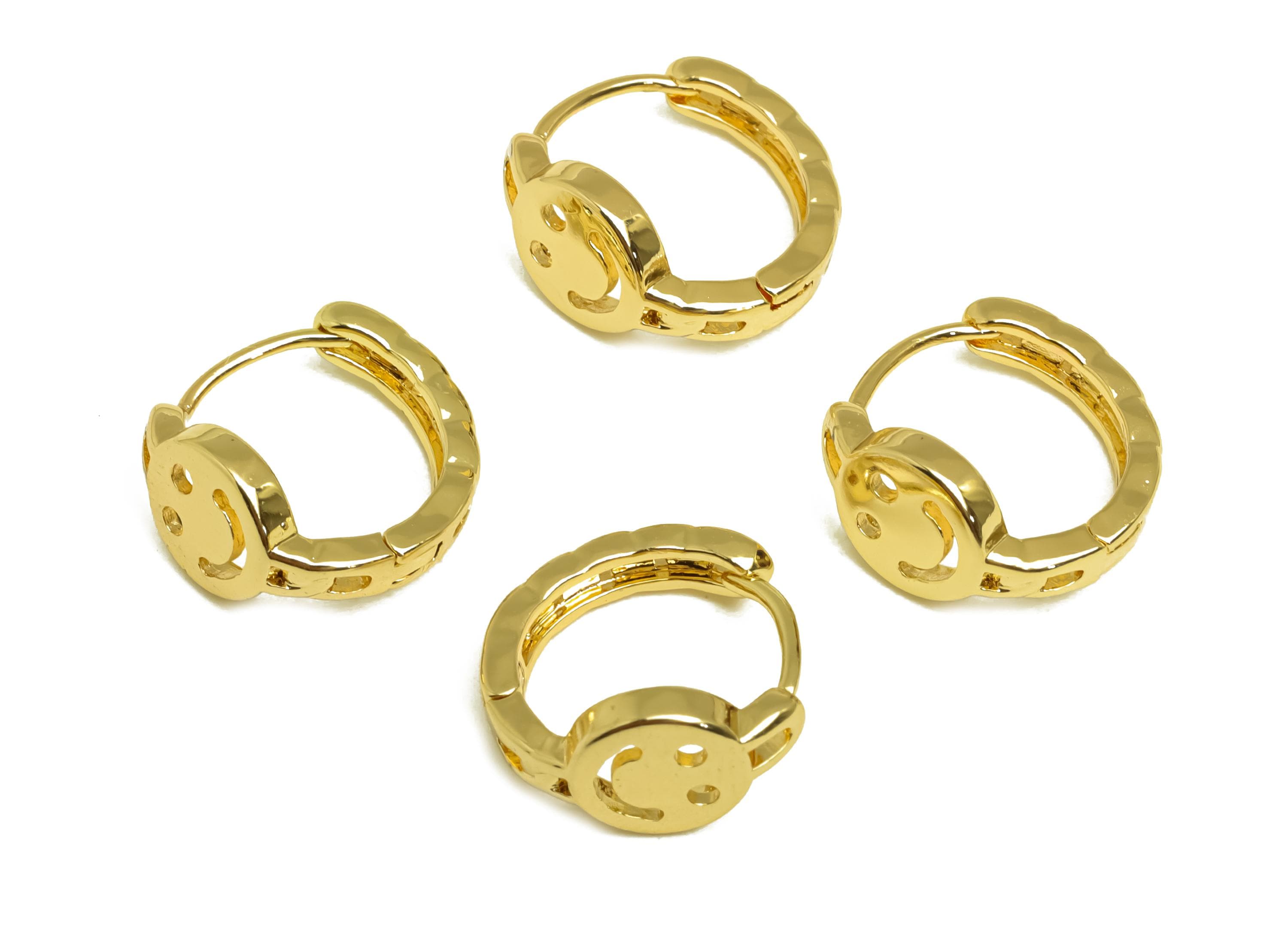 Brass Chain Hoop Earring - Brass Hoop Huggie Earring - Happy Face Hoop Clasp Earring - 18K Real Gold Plating - 13.91x13.4x7.7mm - RGP8161 - DOMEDBAZAAR