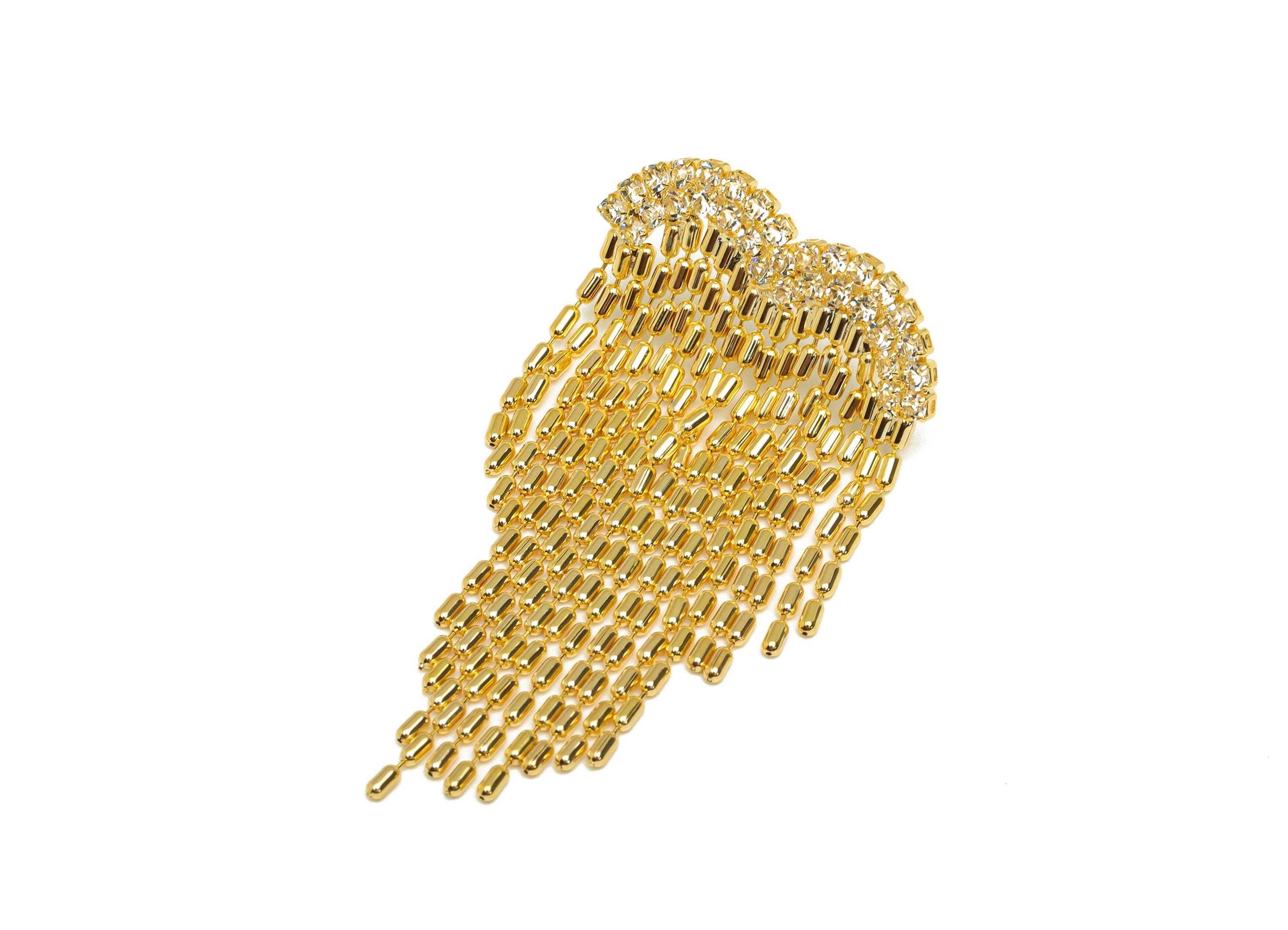Brass Wings Tassel Ear - Heart Zircon Cylinder Beads Chian Ear Post - Gold Wings Tassel Earring Stud - 18K Real Gold Plated - 56mm - RGP7705 - DOMEDBAZAAR