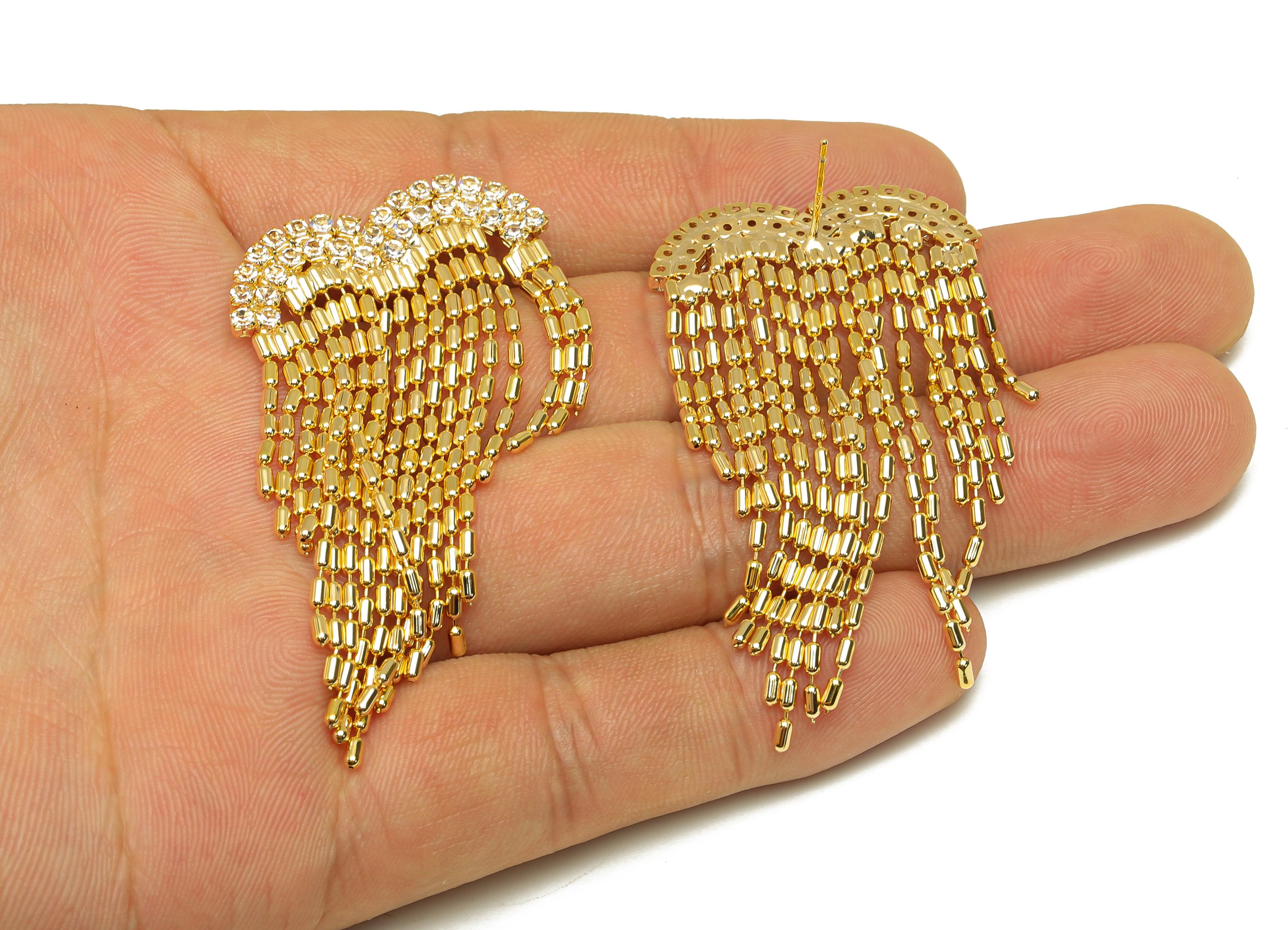 Brass Wings Tassel Ear - Heart Zircon Cylinder Beads Chian Ear Post - Gold Wings Tassel Earring Stud - 18K Real Gold Plated - 56mm - RGP7705 - DOMEDBAZAAR