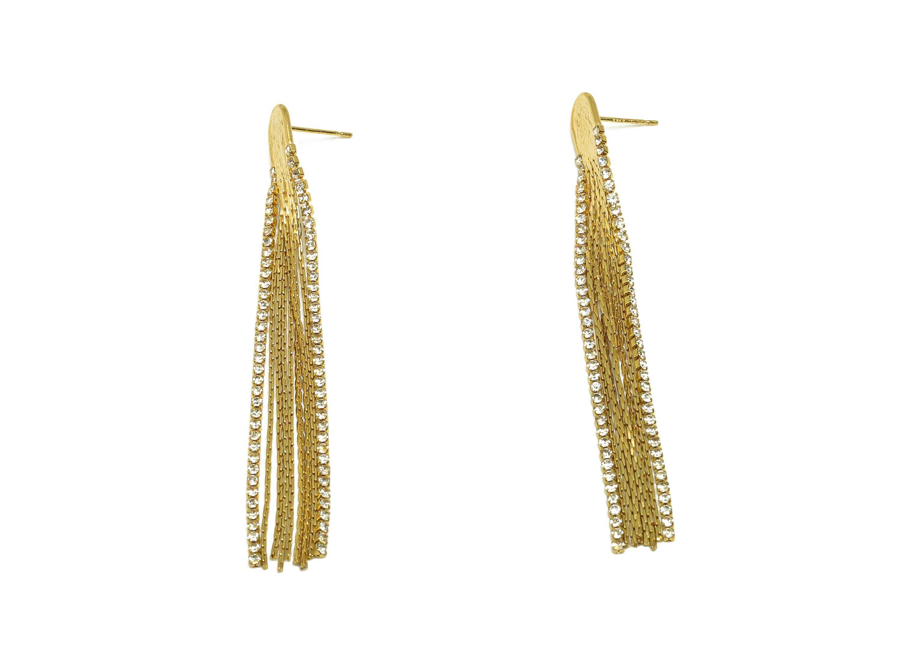Brass Tassel Chian Earring - Arch Zircon Snake Chian Ear Post - Gold Snake Chian Tassel Earring Stud - 18K Real Gold Plated - 80mm - RGP7706 - DOMEDBAZAAR