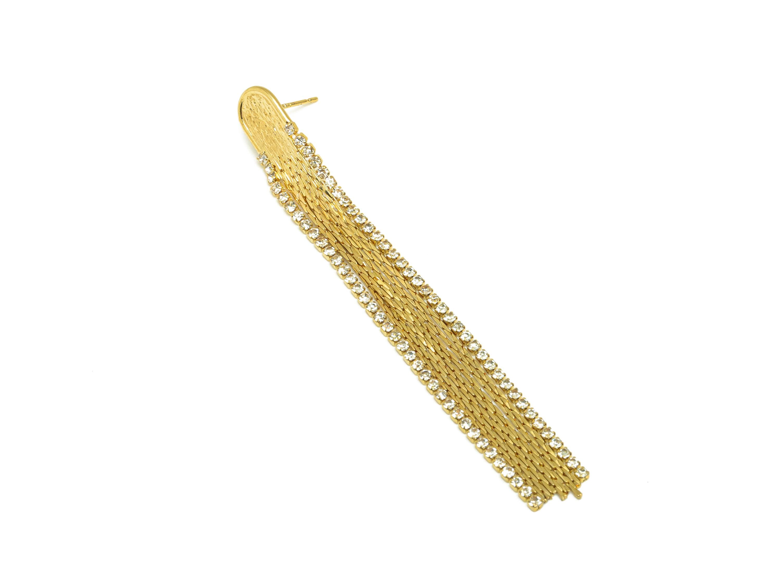 Brass Tassel Chian Earring - Arch Zircon Snake Chian Ear Post - Gold Snake Chian Tassel Earring Stud - 18K Real Gold Plated - 80mm - RGP7706 - DOMEDBAZAAR