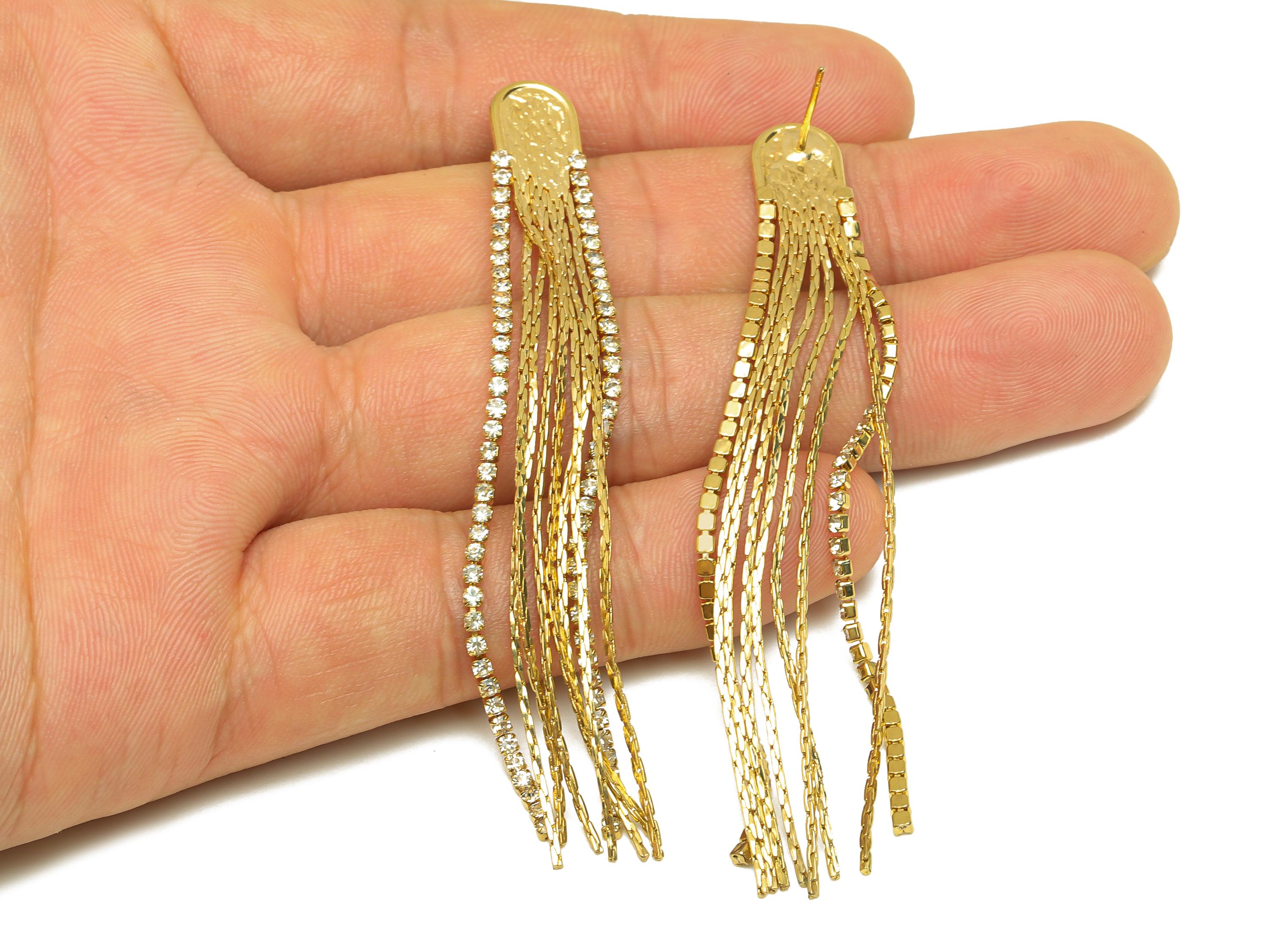 Brass Tassel Chian Earring - Arch Zircon Snake Chian Ear Post - Gold Snake Chian Tassel Earring Stud - 18K Real Gold Plated - 80mm - RGP7706 - DOMEDBAZAAR