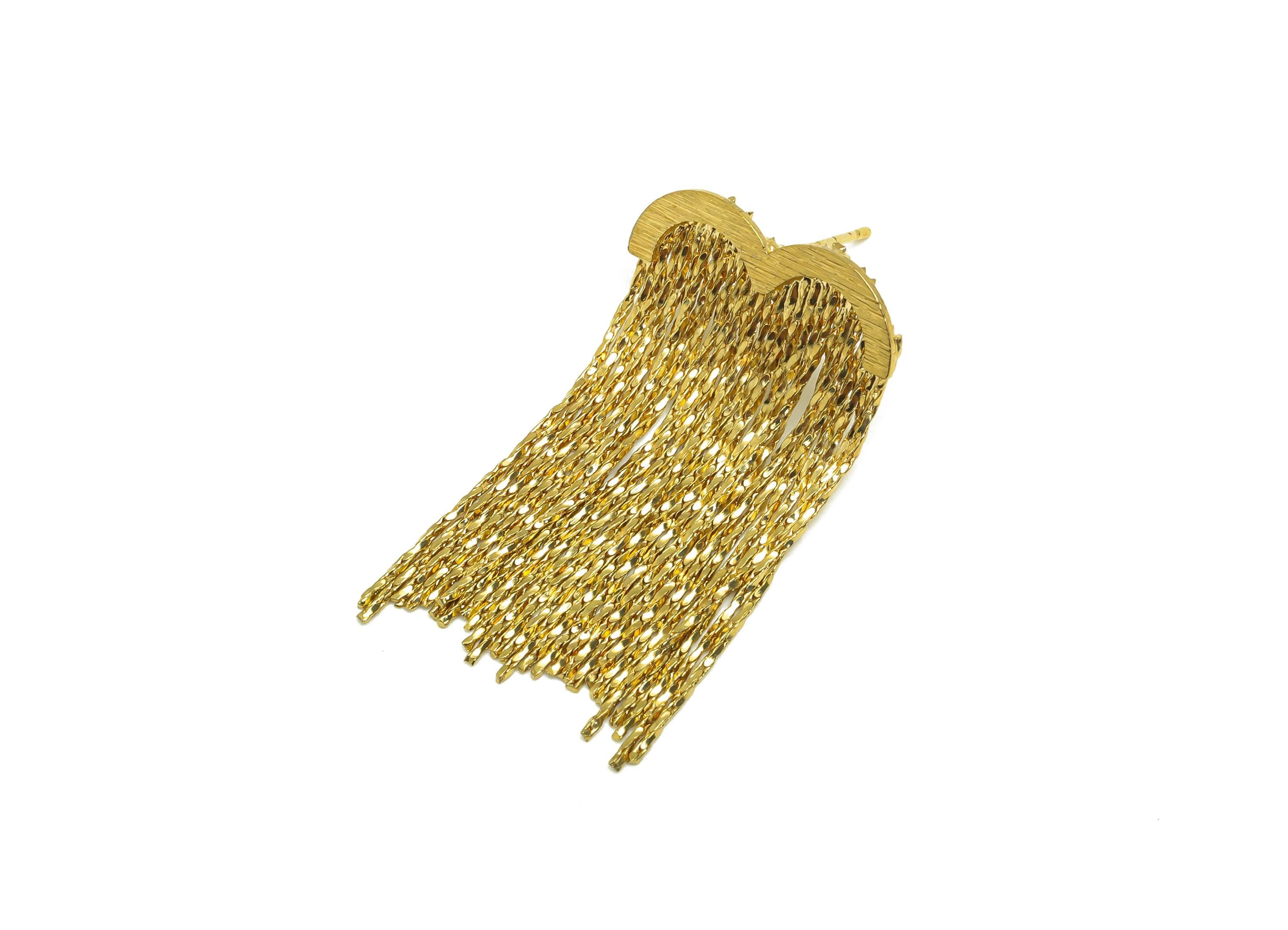 Brass Wings Tassel Earring - Textured Heart Snake Chian Ear Post - Gold Wing Chian Tassel Earring Stud - 18K Real Gold Plated- 36mm -RGP7708 - DOMEDBAZAAR