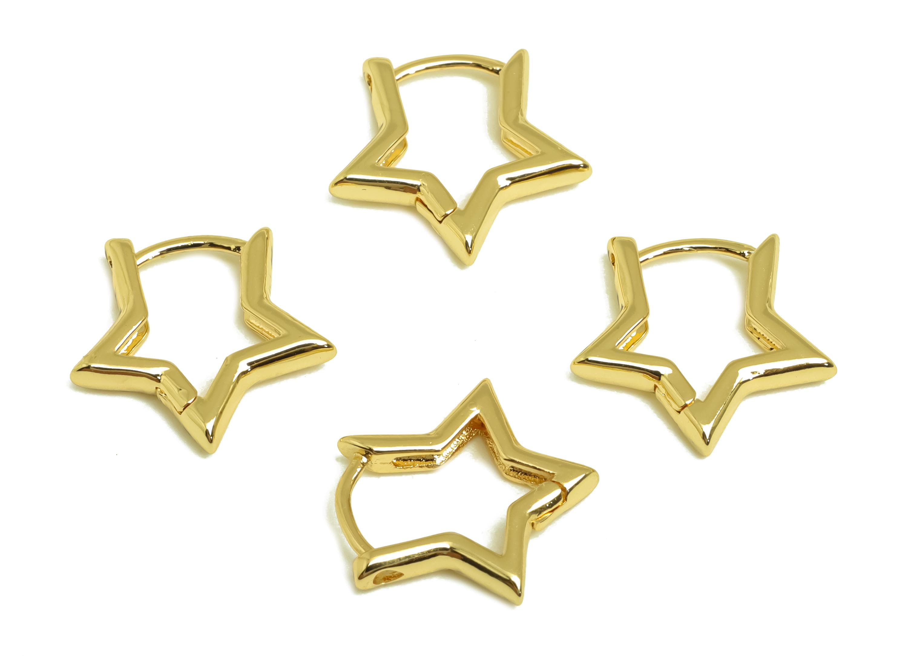 Brass Hoop Earring - Brass Star Hoop Huggie Earring - Star Hoop Clasp Earring - 18K Real Gold Plating - 14.02x13.58x2.19mm - RGP8145 - DOMEDBAZAAR