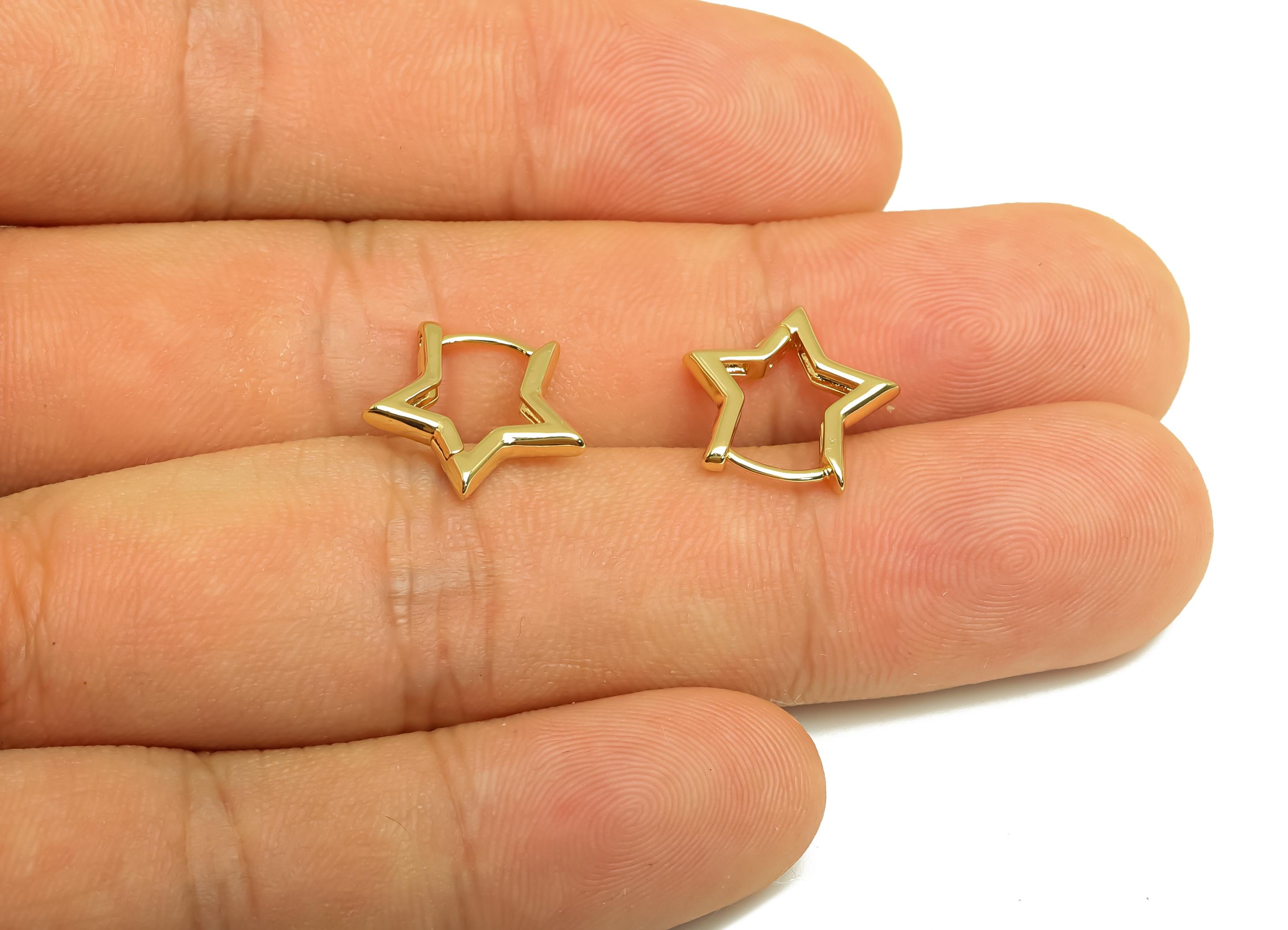 Brass Hoop Earring - Brass Star Hoop Huggie Earring - Star Hoop Clasp Earring - 18K Real Gold Plating - 14.02x13.58x2.19mm - RGP8145 - DOMEDBAZAAR