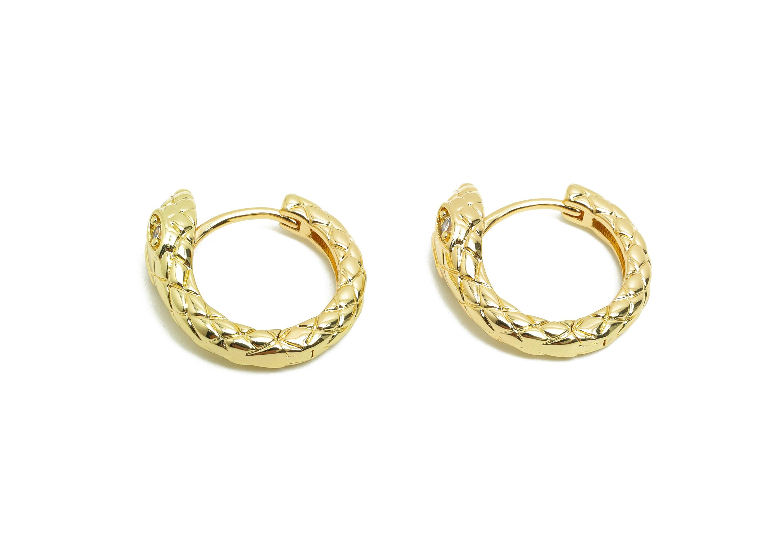 Brass Hoop Earring - Brass Huggie Hoop Earring - Zircon Snake Textured Hoop Earring - Gold Jewelry - 18K Real Gold Plated -18x17x6mm-RGP8410 - DOMEDBAZAAR