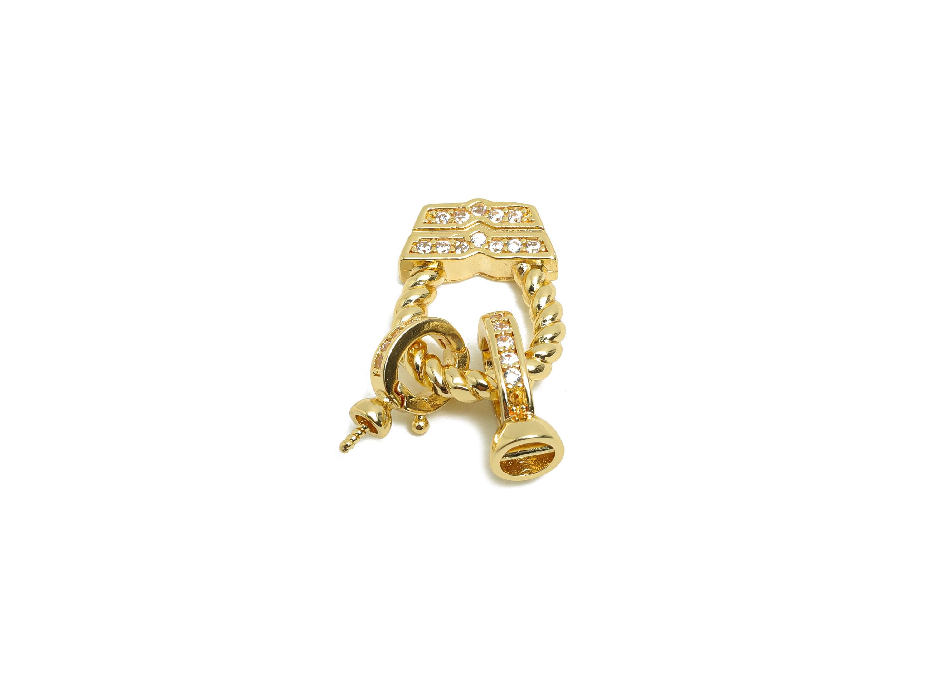 Brass Bracelet Connector - Gold Twisted Setting Peral Charm - CZ Necklace Connector - 18K Real Gold Plating - 22.03x12.6x2.73mm - RGP8416 - DOMEDBAZAAR