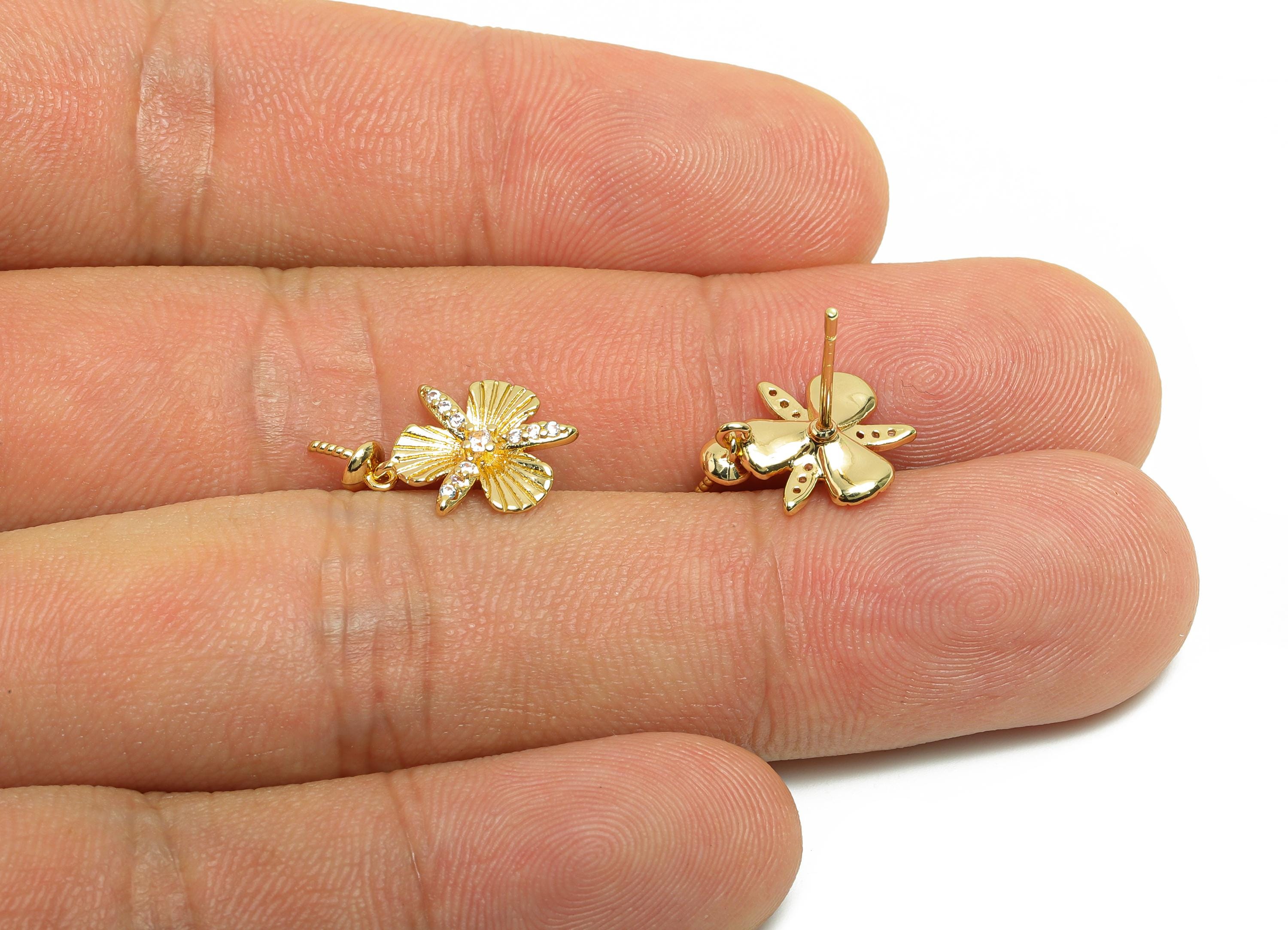 Brass Flower Ear Stud - Textured Earring Setting for Girl's - Gold Zircon Earring for Party - 18K Real Gold Plating-17.4x11.6x3.5mm- RGP8418 - DOMEDBAZAAR