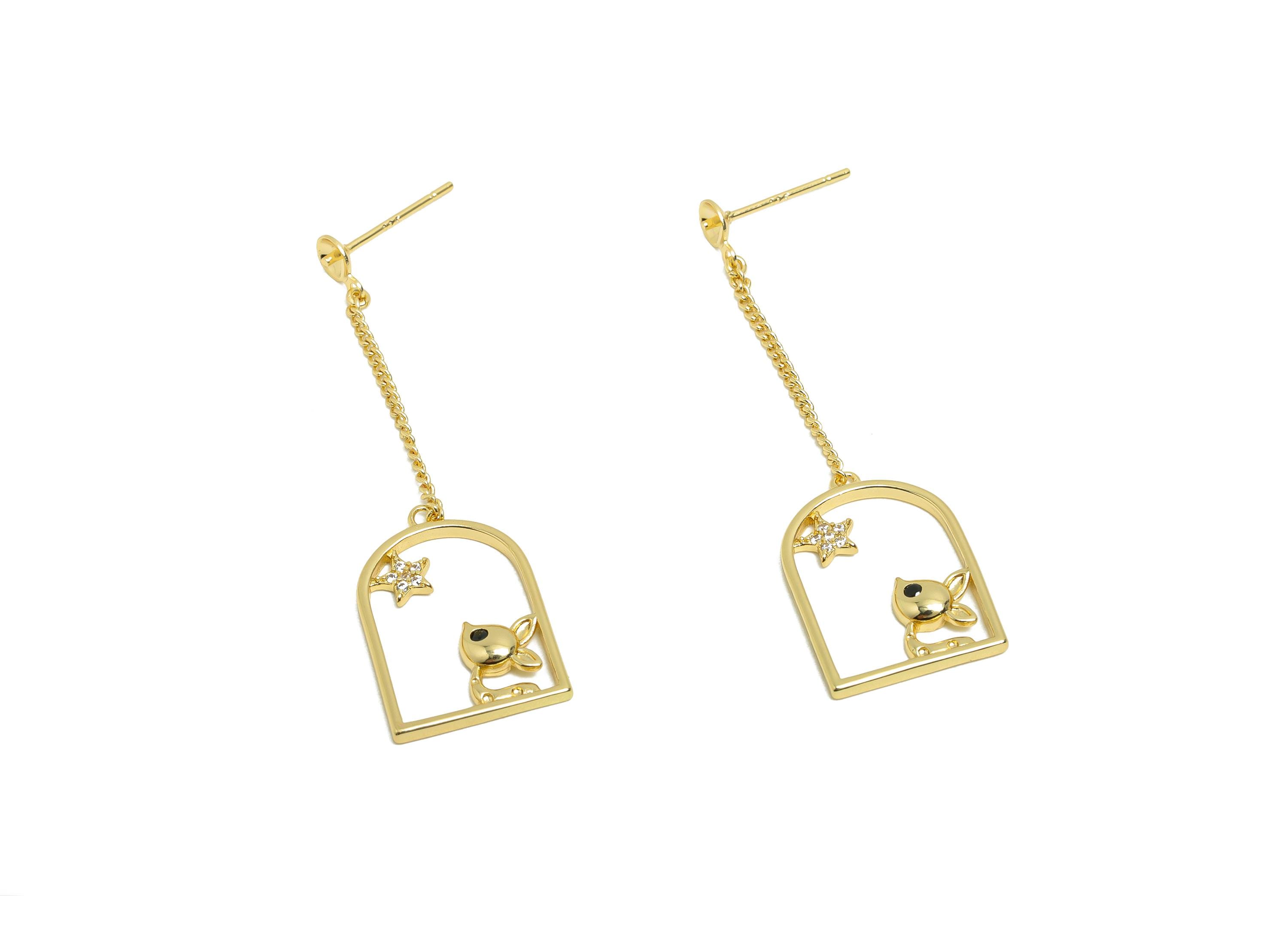 Brass Dangle Earring Setting - Gold Star Rabbit Earring for Girl's - CZ Dangle Chian Ear - 18K Real Gold Plated - 46.2x13.7x2.3mm - RGP8419 - DOMEDBAZAAR
