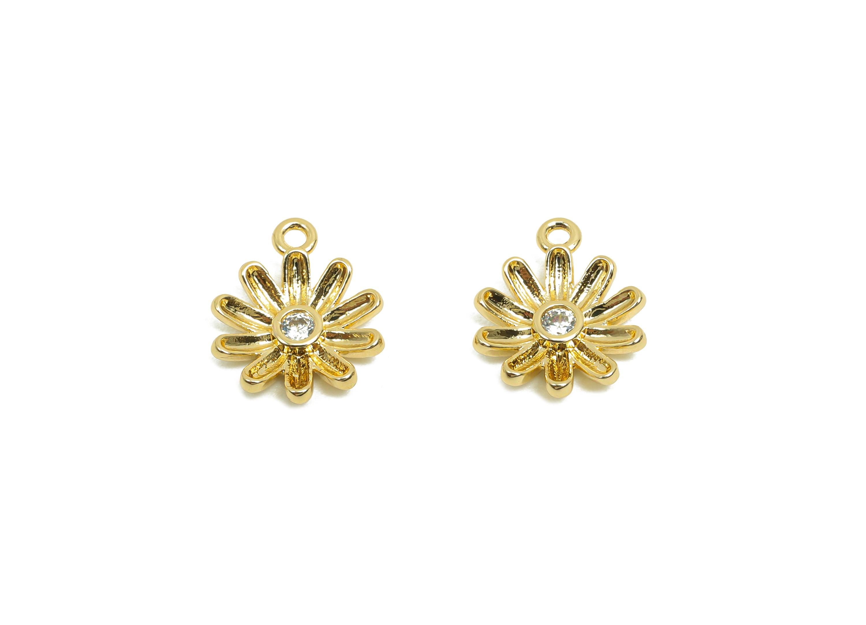 Brass Daisy Earring Charm - Gold Textured Flower Charm for Bracelet - Zircon Flower Pendant - 18K Real Gold Plated - 11.7x9.9x2.3mm- RGP8421 - DOMEDBAZAAR