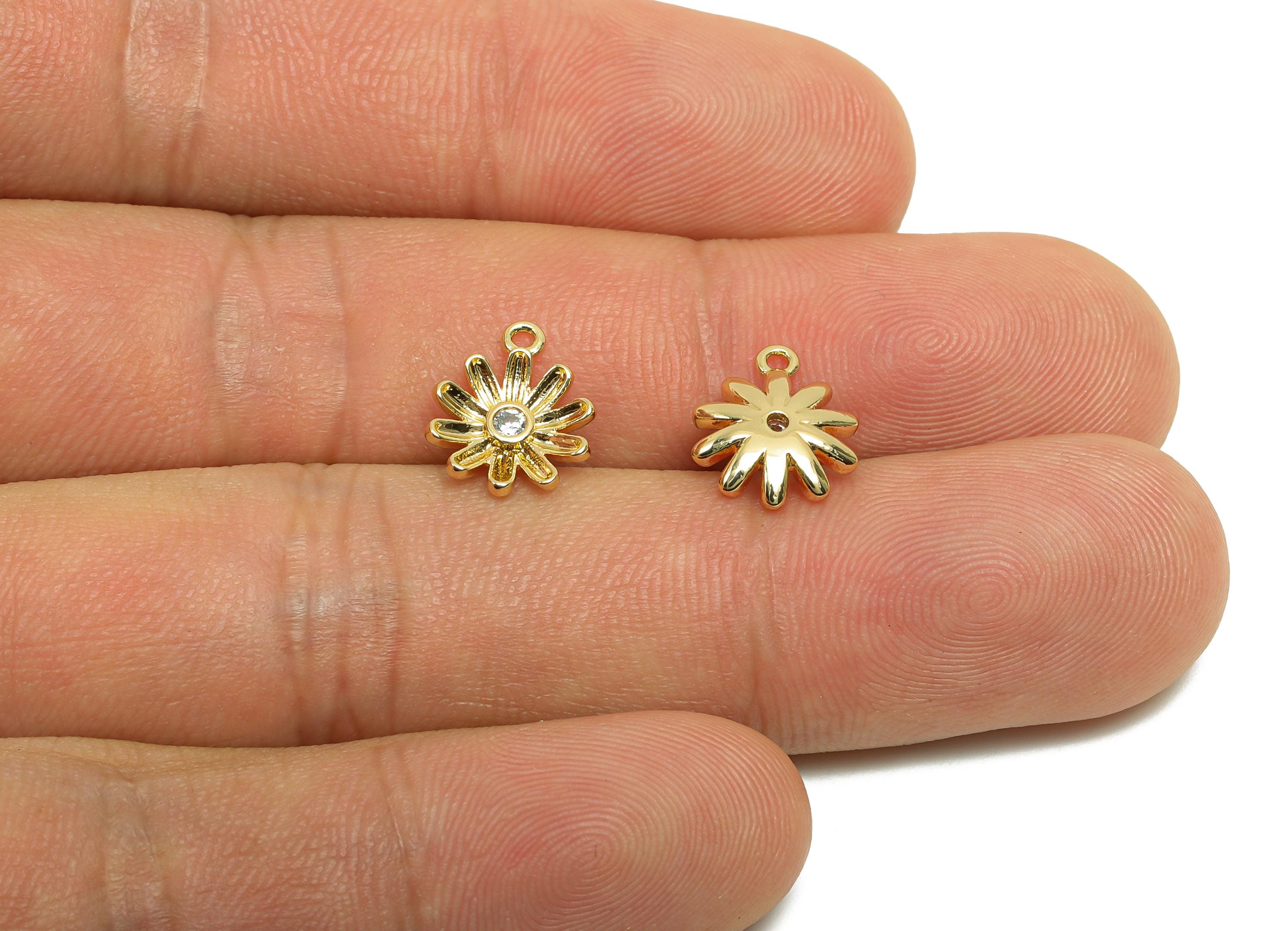 Brass Daisy Earring Charm - Gold Textured Flower Charm for Bracelet - Zircon Flower Pendant - 18K Real Gold Plated - 11.7x9.9x2.3mm- RGP8421 - DOMEDBAZAAR