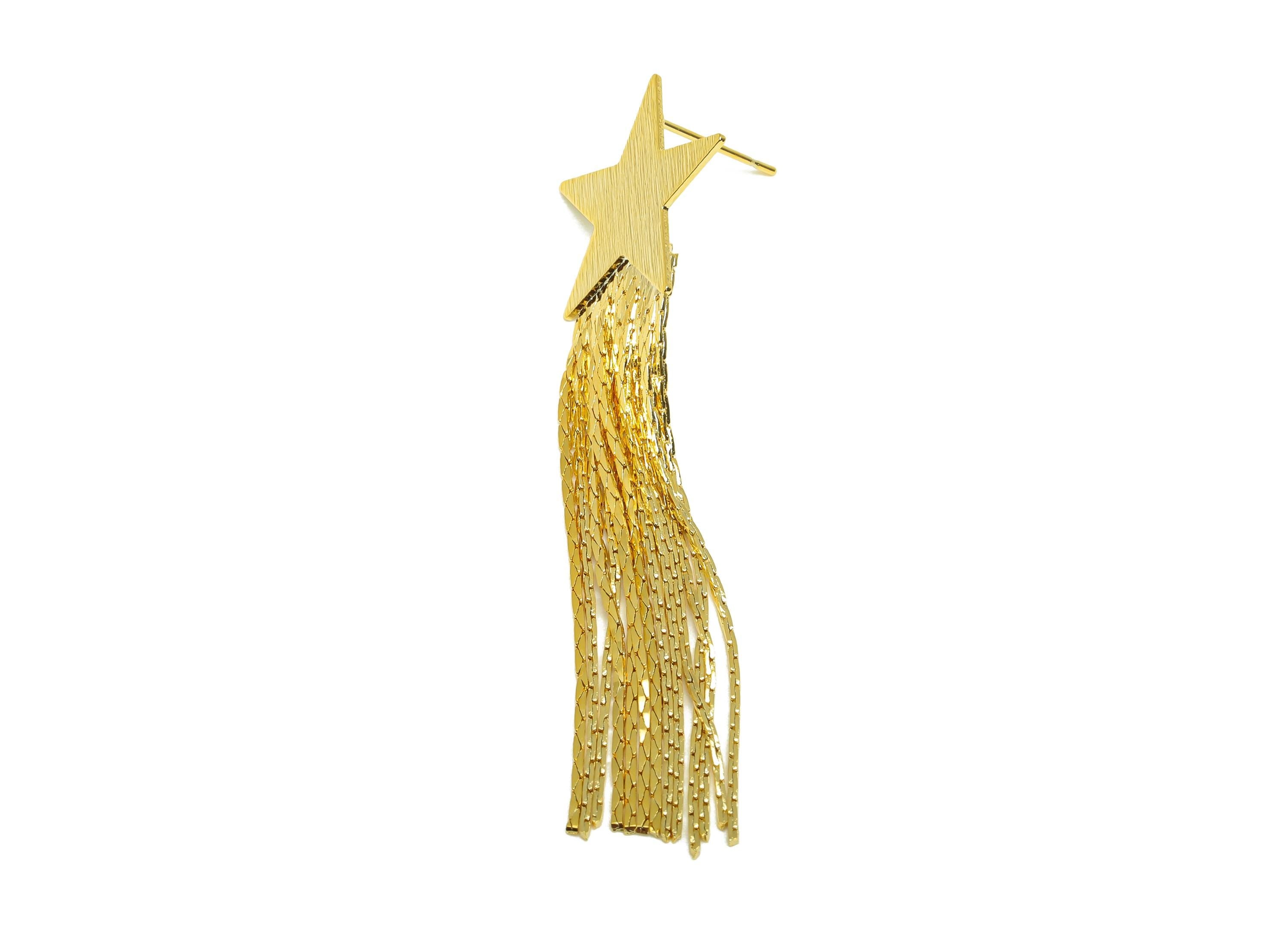 Brass Snake Chain Earring - Gold Star Chain Tassel Earring Stud - Textured Snake Chain Earring Post - 18K Real Gold Plating - 63mm - RGP7709 - DOMEDBAZAAR