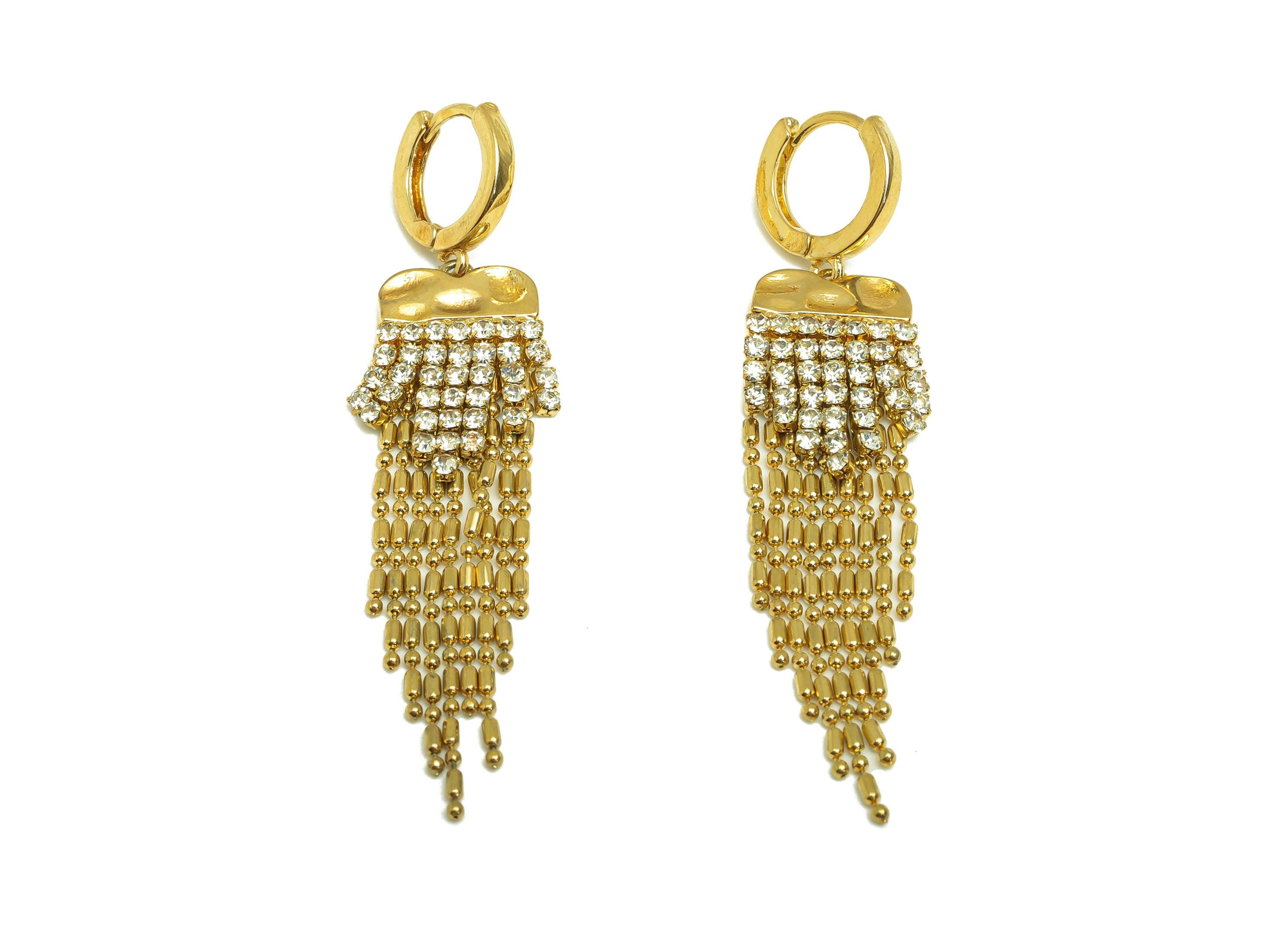 Brass CZ Dangle Earring - Cubic Zircon Beads Chain Tassel Earring - Gold Huggie Hoop Dangle Earring - 18K Real Gold Plating - 55mm- RGP7712 - DOMEDBAZAAR