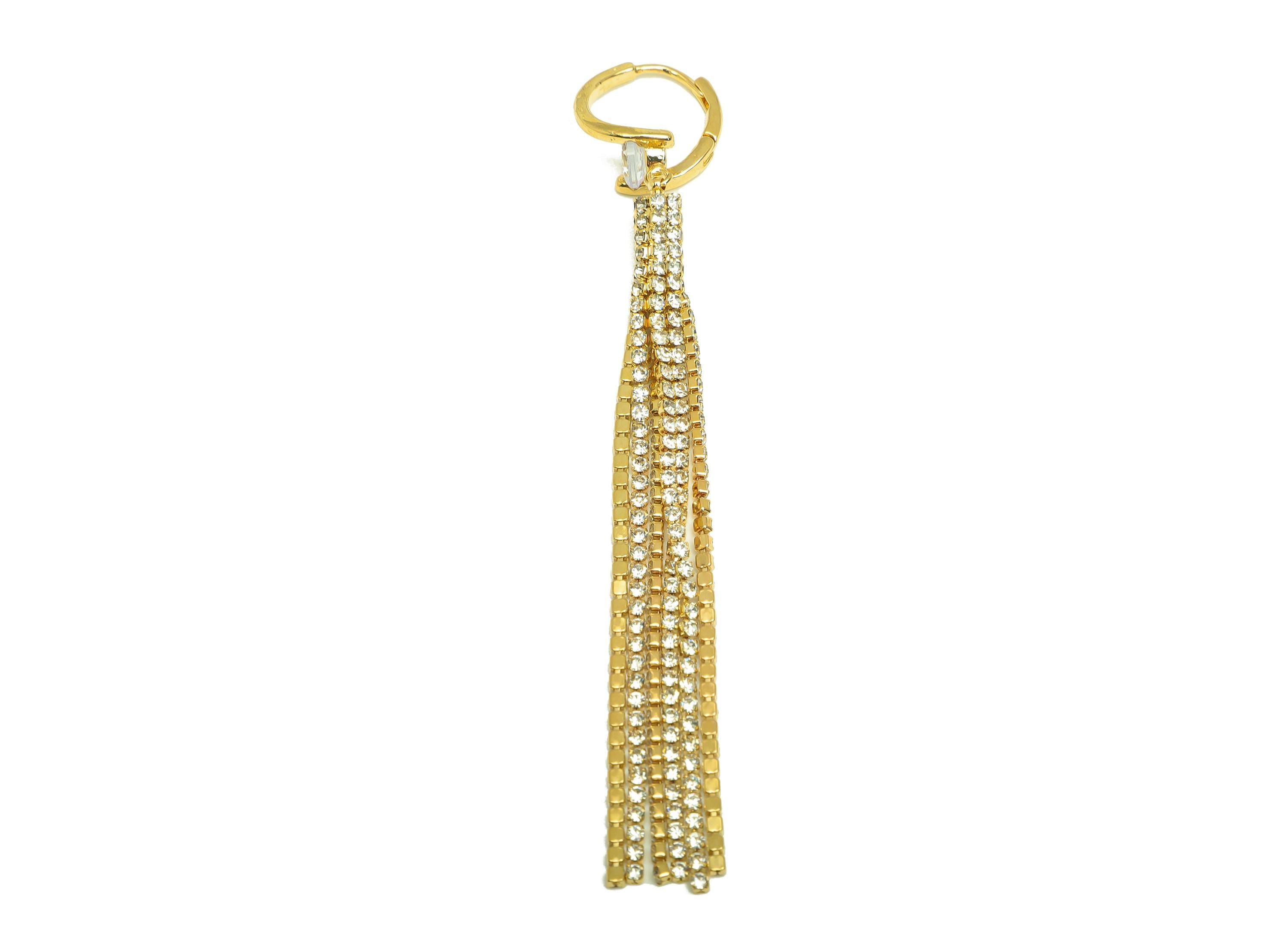 Brass CZ Dangle Earring - Round Cubic Zircon Chain Tassel Earring - Gold Huggie Hoop Dangle Earring - 18K Real Gold Plating - 95mm- RGP7714 - DOMEDBAZAAR
