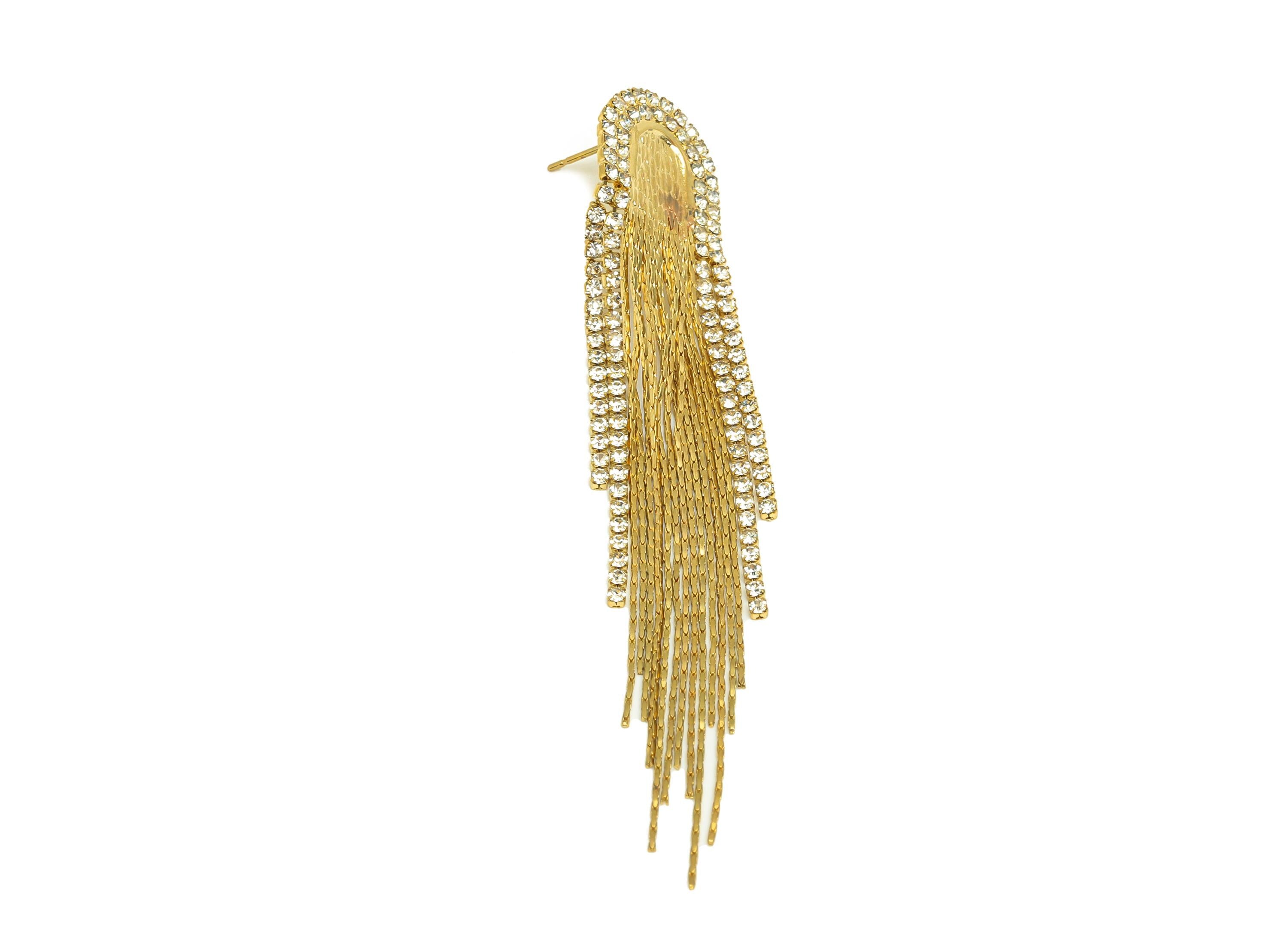 Brass Tassel Chian Earring - Arch Zircon Snake Chian Ear Post - Gold Snake Chian Tassel Earring Stud - 18K Real Gold Plated - 83mm - RGP7717 - DOMEDBAZAAR
