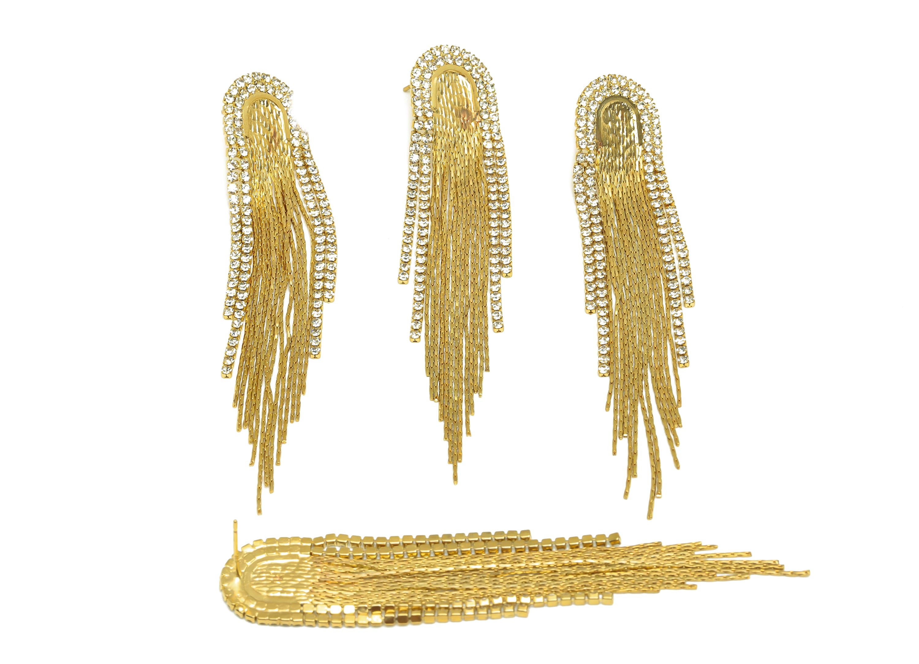 Brass Tassel Chian Earring - Arch Zircon Snake Chian Ear Post - Gold Snake Chian Tassel Earring Stud - 18K Real Gold Plated - 83mm - RGP7717 - DOMEDBAZAAR