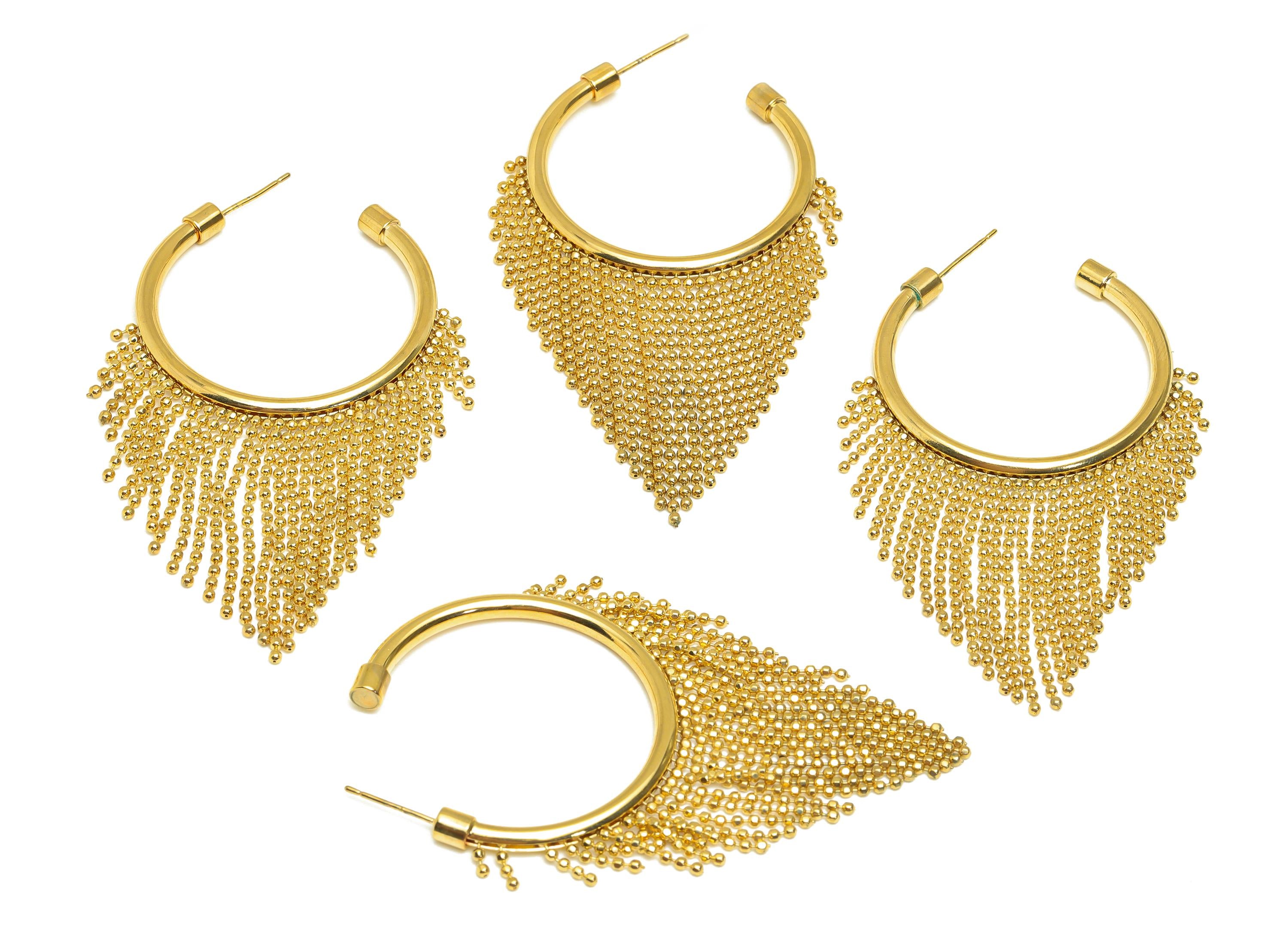 Brass Beads Chain Ear - Gold Open Round C Tassel Earring Stud - Open Circle Beads Chain Earring Post - 18K Real Gold Plating- 75mm - RGP7718 - DOMEDBAZAAR