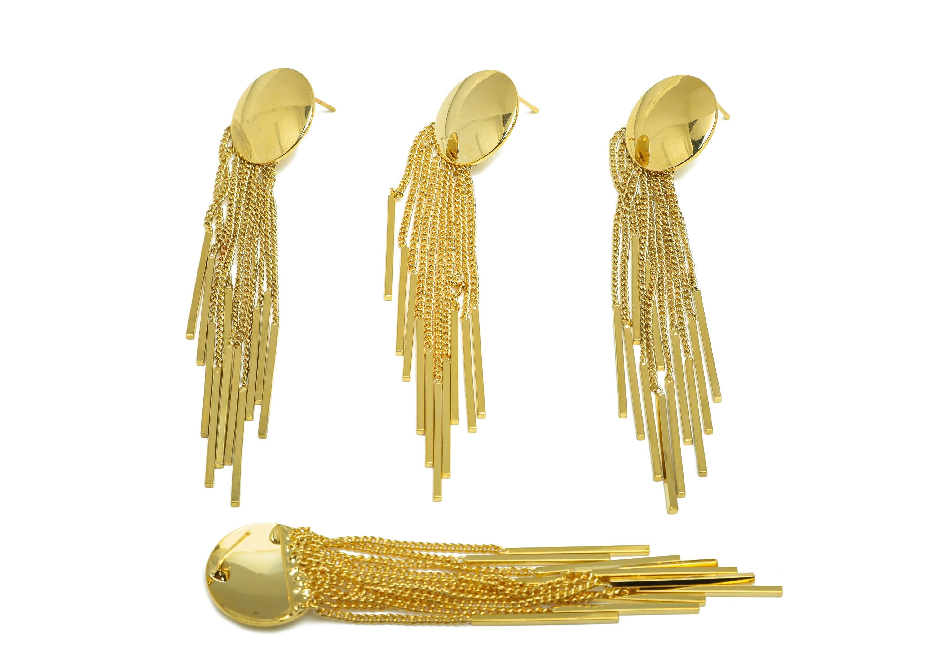 Brass Round Chain Earring - Gold Round Chain Bar Tassel Earring Stud - Round Bar Chain Tassel Ear Post - 18K Real Gold Plated-83mm - RGP7719 - DOMEDBAZAAR