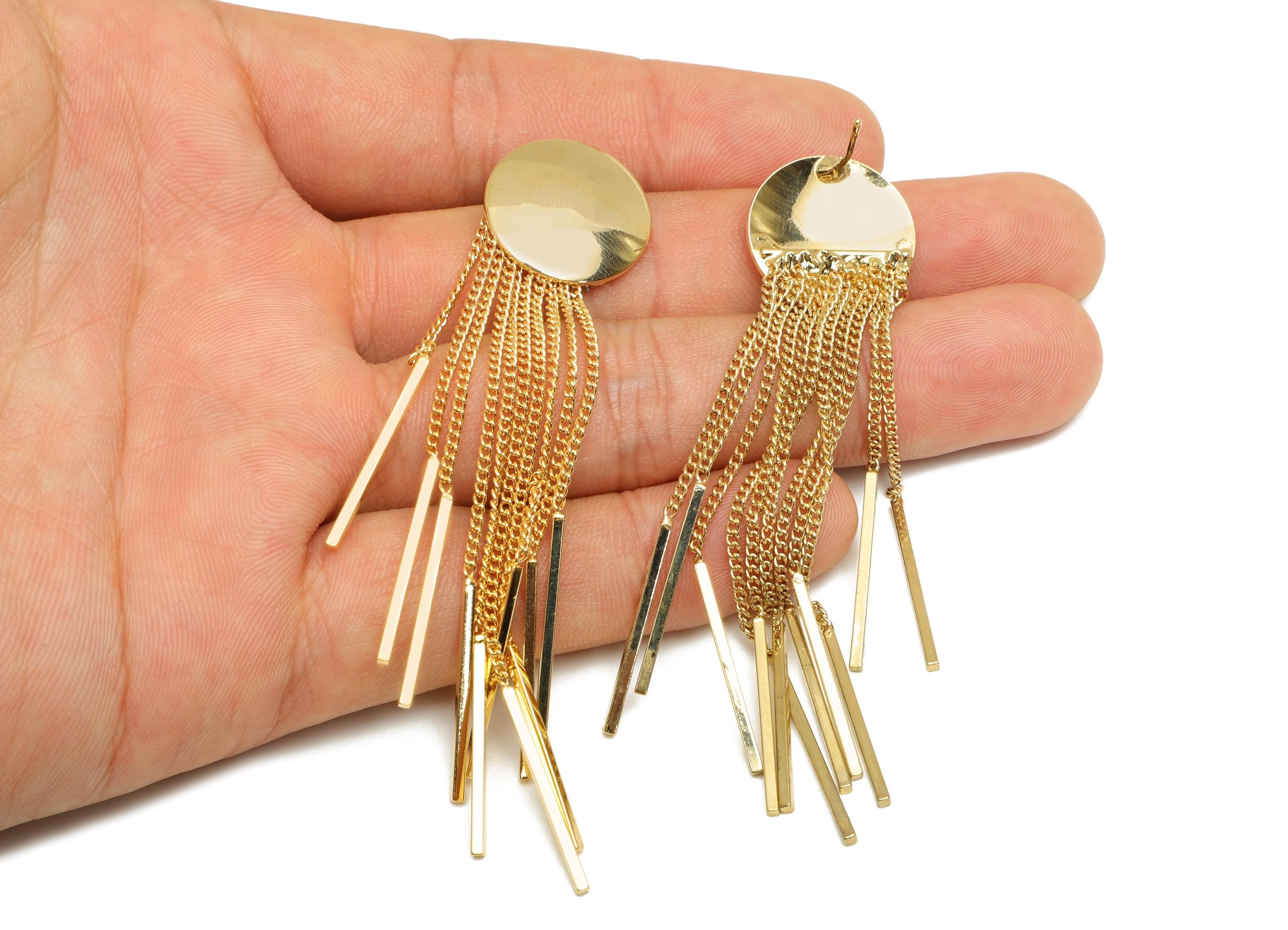 Brass Round Chain Earring - Gold Round Chain Bar Tassel Earring Stud - Round Bar Chain Tassel Ear Post - 18K Real Gold Plated-83mm - RGP7719 - DOMEDBAZAAR