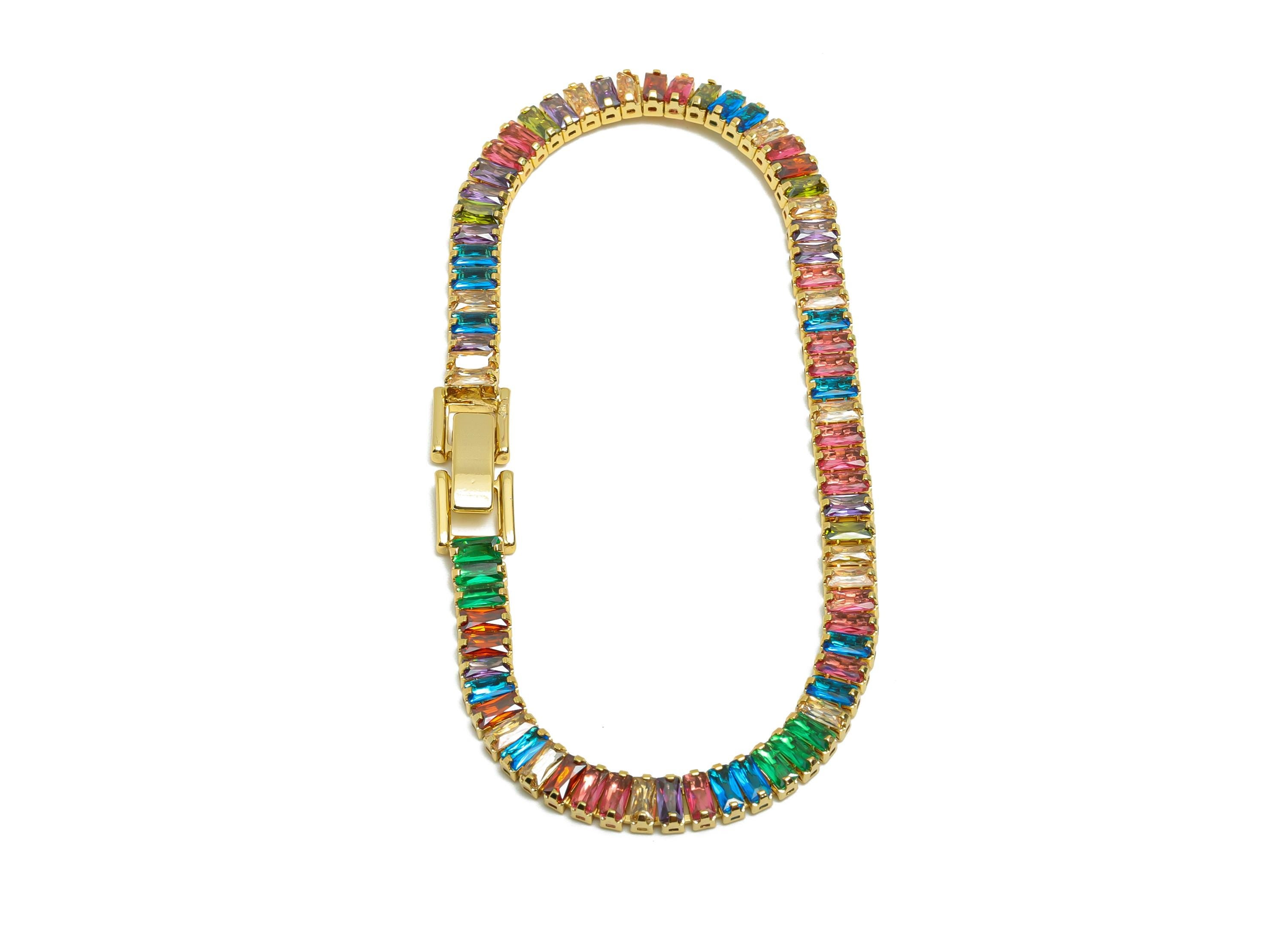 19cm Rectangular Zircon Chain Bracelet - Brass Mix Color 2*4mm Bracelet - Rainbow CZ Brass Bracelet - 18K Real Gold Plating - RGP8626-19 - DOMEDBAZAAR