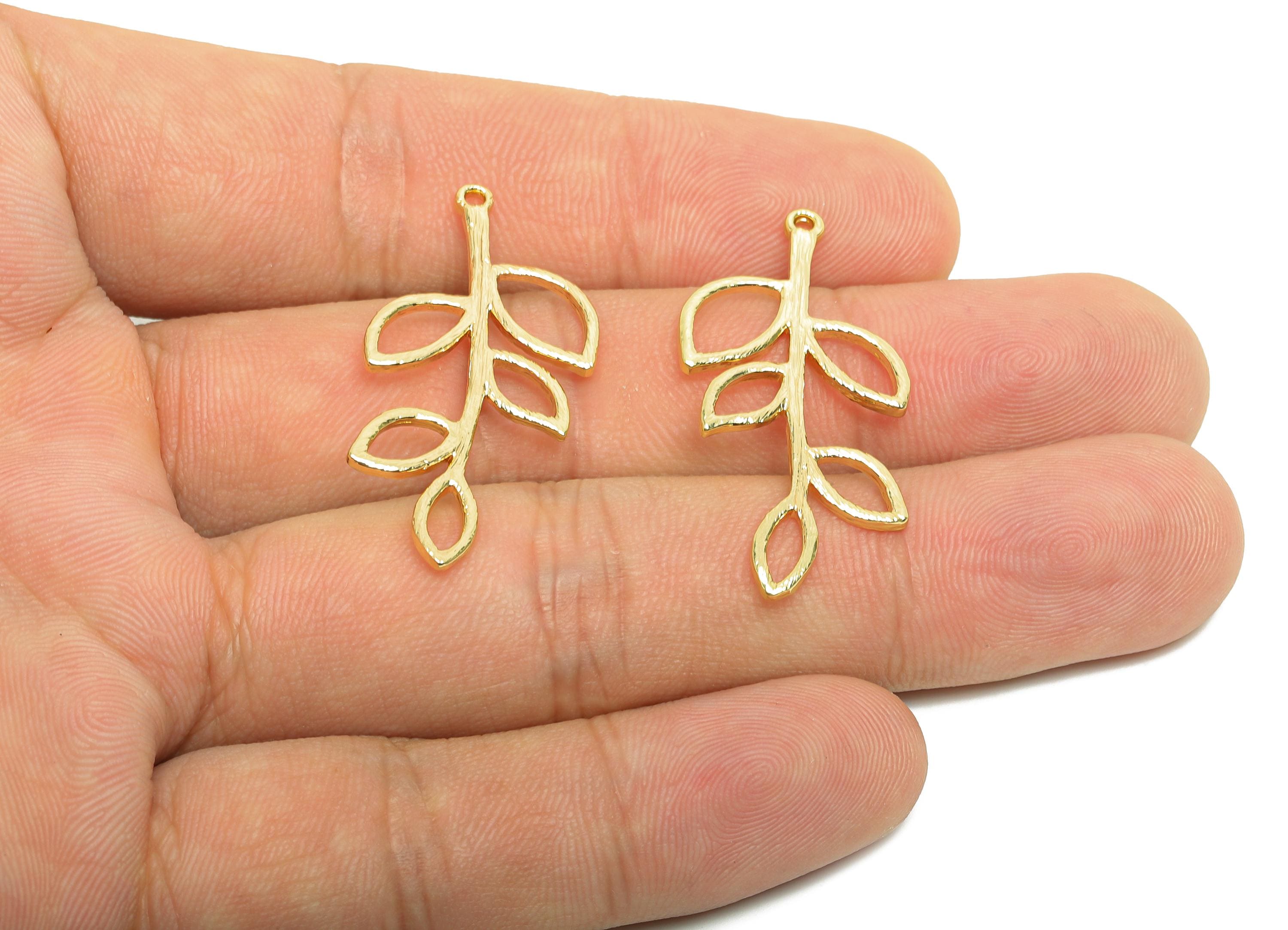 Brass Branch Earring Charm - Gold Textured Charm for Bracelet - Botanical Leaves Pendant - 18K Real Gold Plated - 35.7x17.7x1.53mm - RGP8493 - DOMEDBAZAAR
